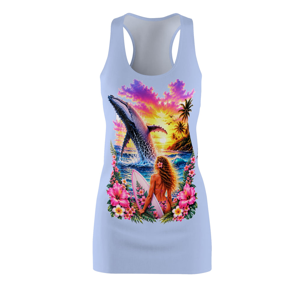 Tropical Surf Racerback Dress — Sunset Whale & Surfer Floral Print