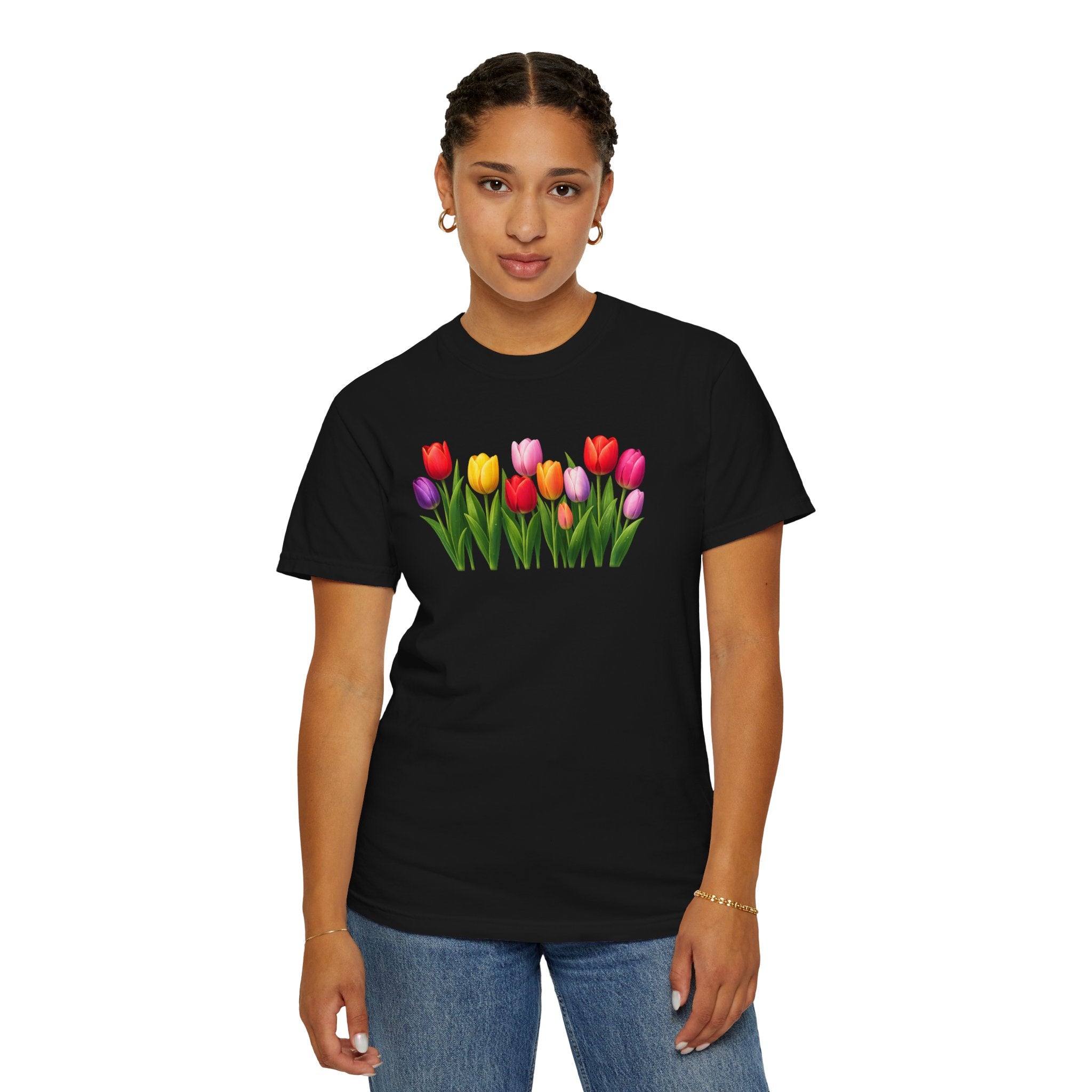 Colorful Tulip Shirt, Floral T-Shirt for Women, Botanical Graphic Tee, Spring Garden Shirt, Comfort Colors Tee