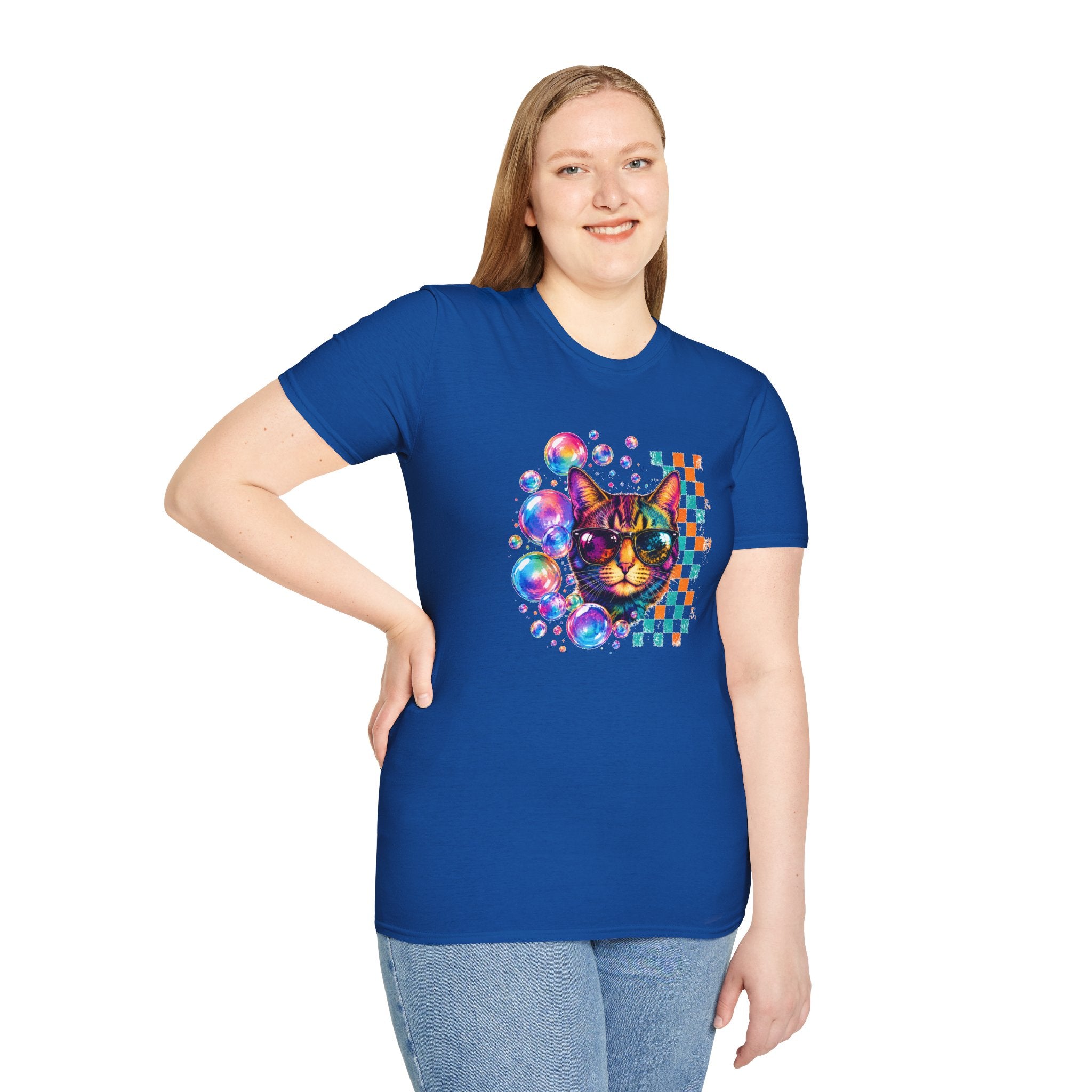 Colorful Cat Sunglasses T-Shirt, Retro Pop Art Cat Tee, Fun Graphic Shirt