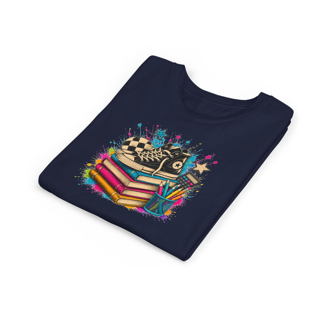 Kids Back-to-School Tee — Colorful Books, Sneakers & Pencils Graphic