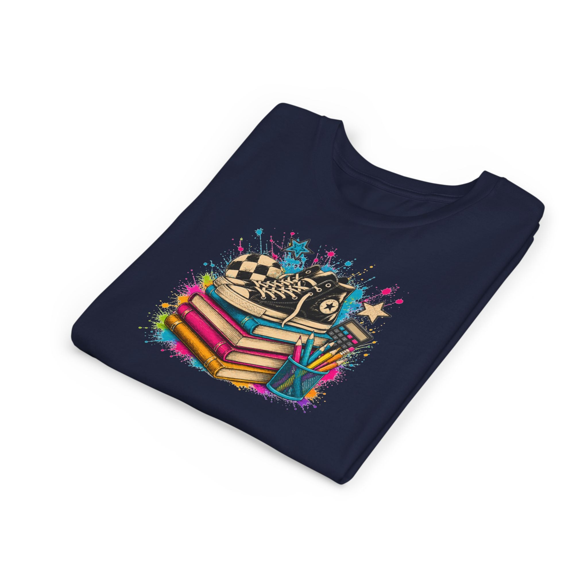 Kids Back-to-School Tee — Colorful Books, Sneakers & Pencils Graphic