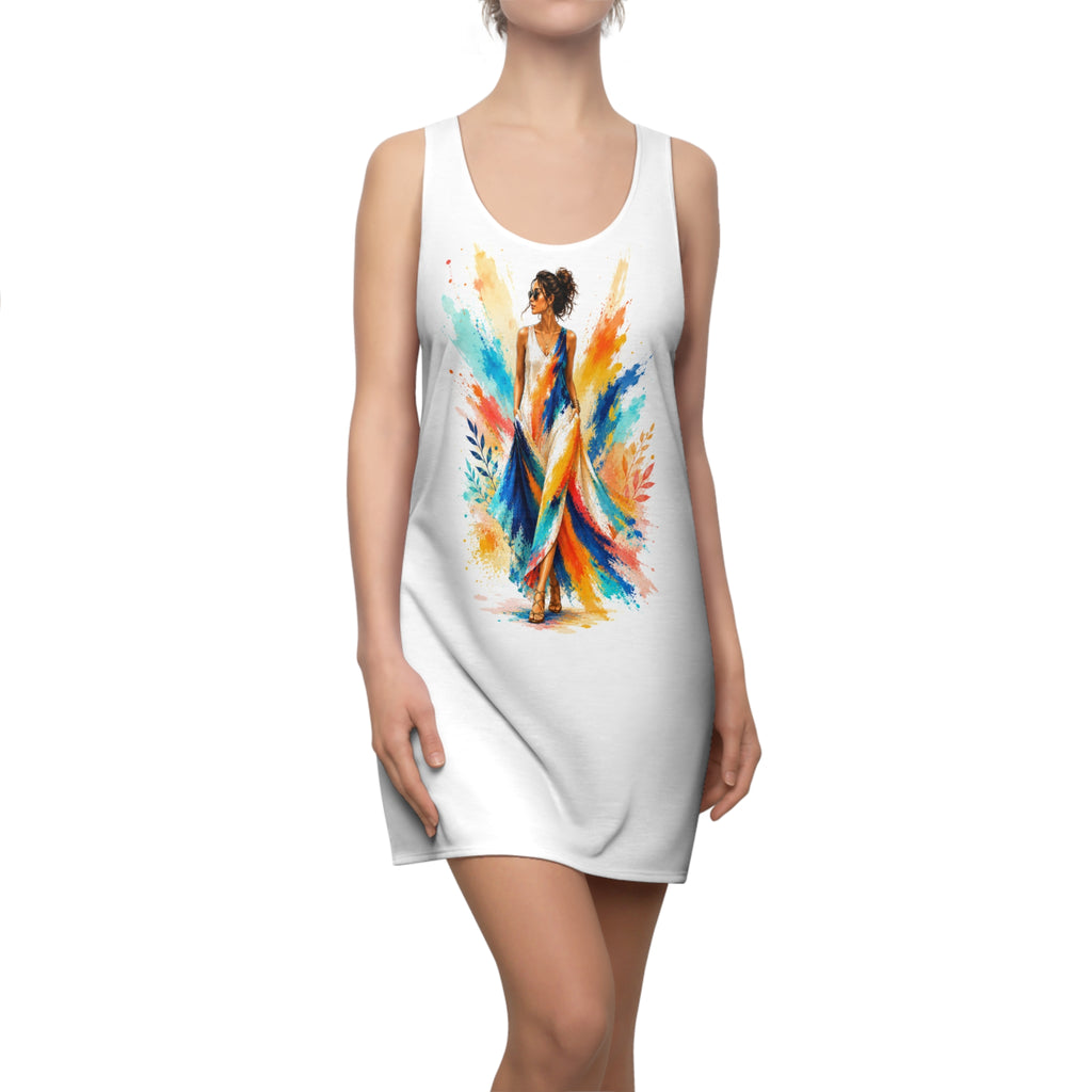 Colorful Watercolor Woman Racerback Dress, Artistic Tank Dress, Vibrant Summer Dress, Abstract Art Dress, Sleeveless Casual Dress, Gift for Her
