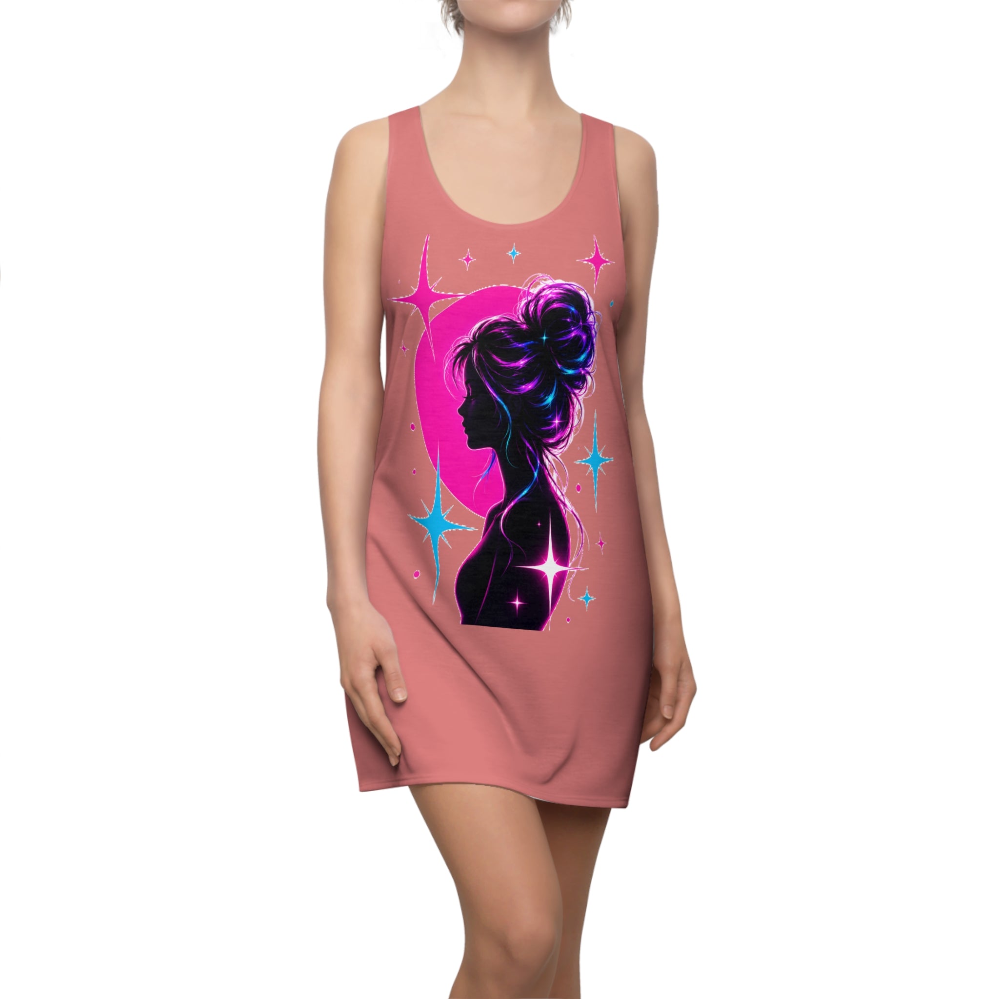 Cosmic Silhouette Racerback Dress, Neon Moon Woman Dress, Galaxy Graphic Dress, Sleeveless Summer Dress, Celestial Art Dress, Festival Outfit, Gift for Her