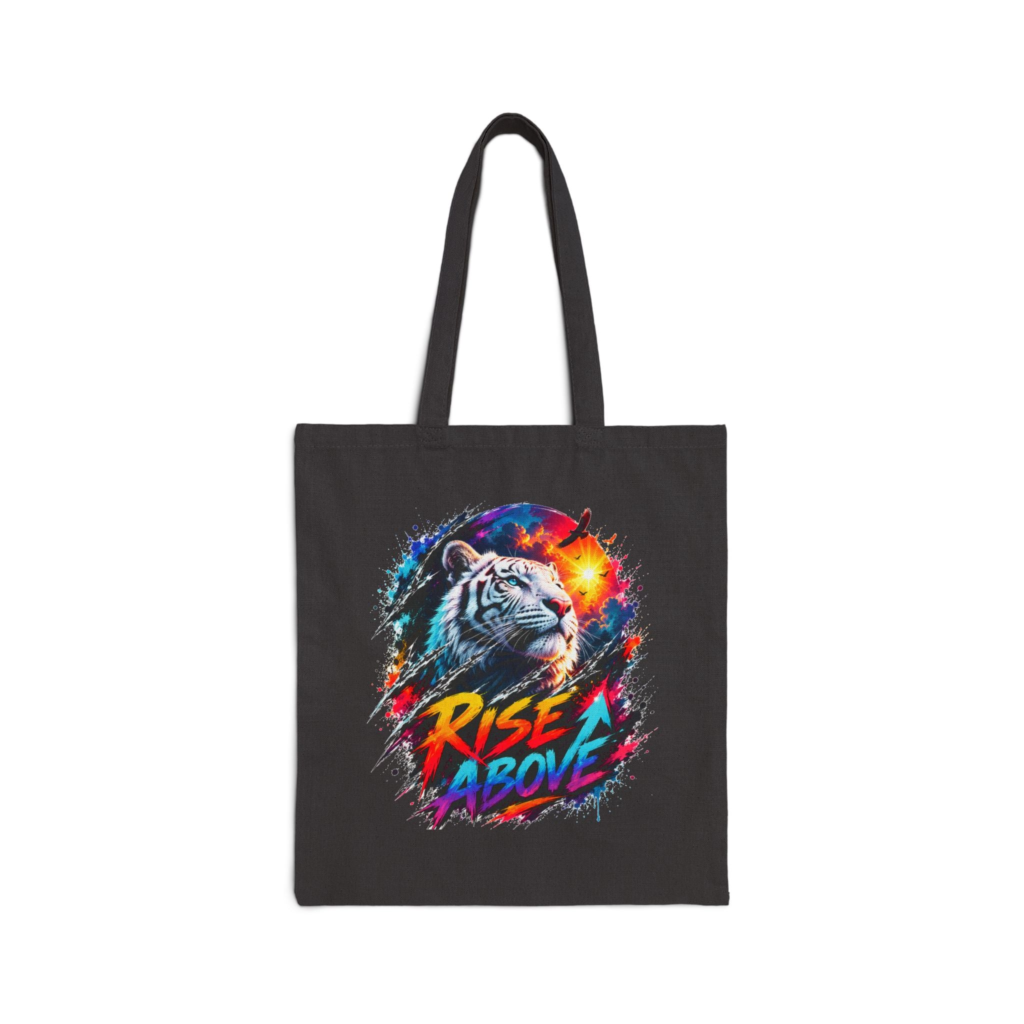 Rise Above Tiger Tote Bag | Colorful White Tiger Canvas Bag | Motivational Tote | Neon Animal Art | Reusable Shopping Bag | Gift for Tiger Lovers