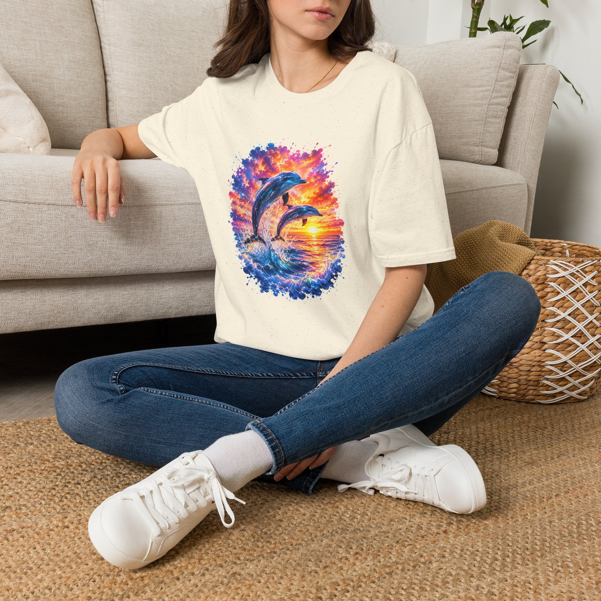 Dolphin Sunset TShirt  Vibrant Ocean Jump Graphic Tee
