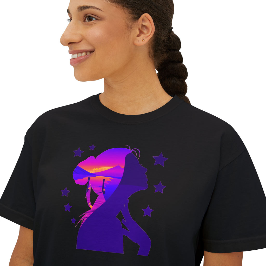 Women's Boxy Tee — Purple Sunset Silhouette Tee for Girls & Teens