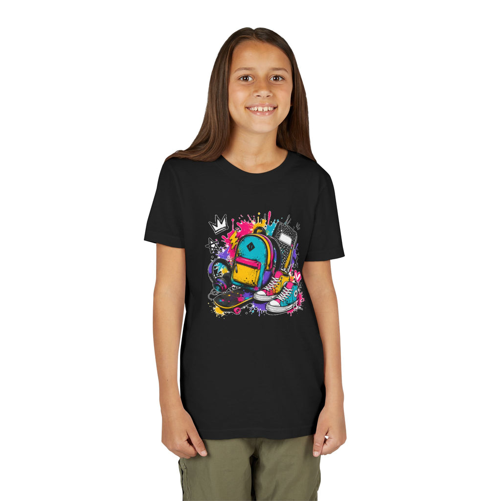Youth Tee — Colorful Back-to-School Backpack Skateboard Graphic