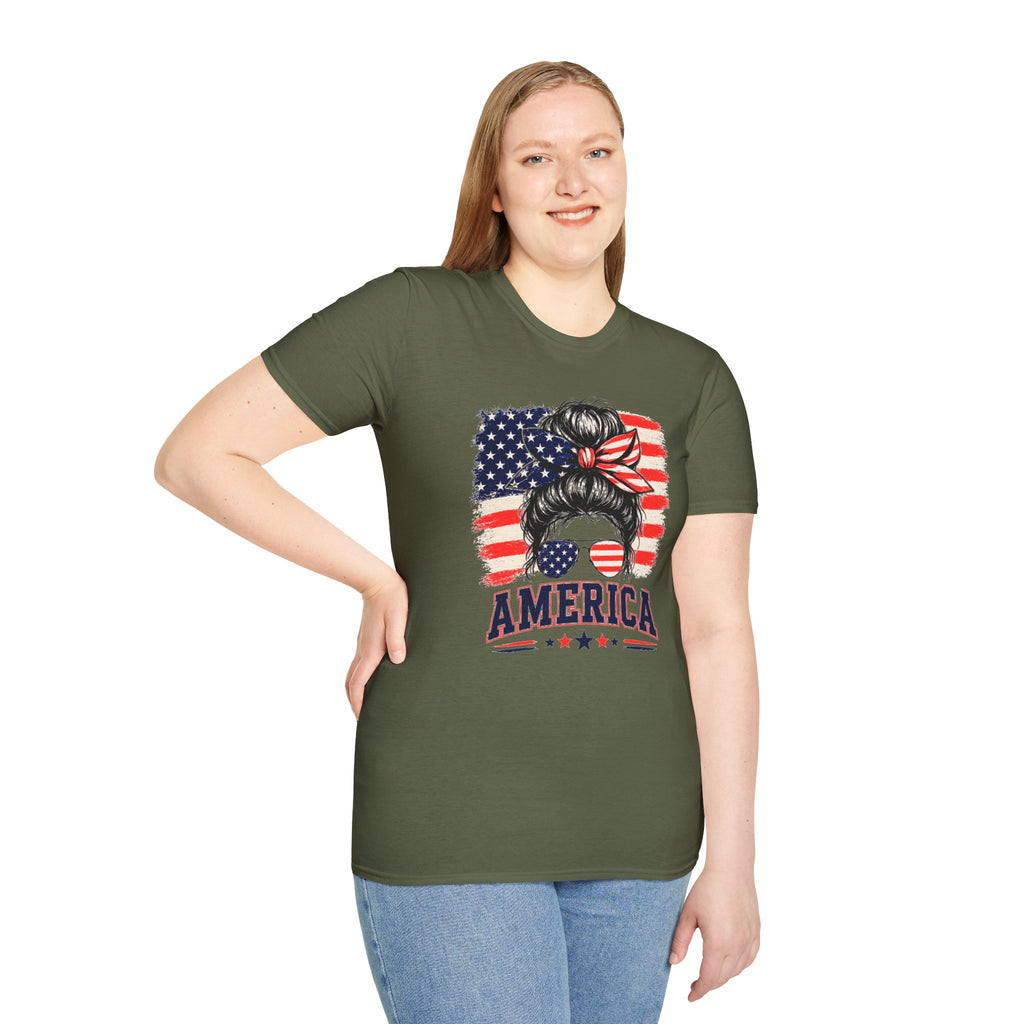 T-Shirt — Messy Bun American Flag Design (Patriotic Hair Band & Sunglasses)