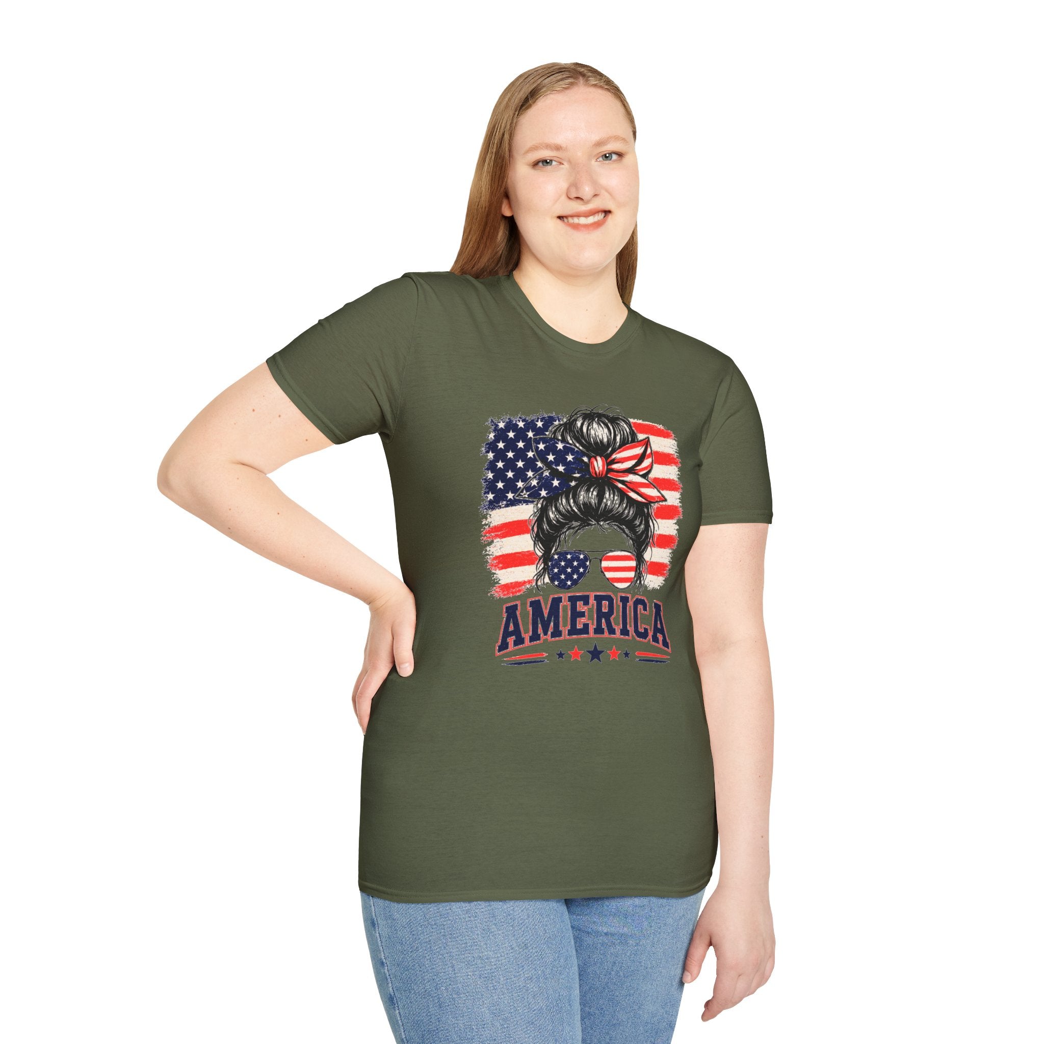 T-Shirt — Messy Bun American Flag Design (Patriotic Hair Band & Sunglasses)