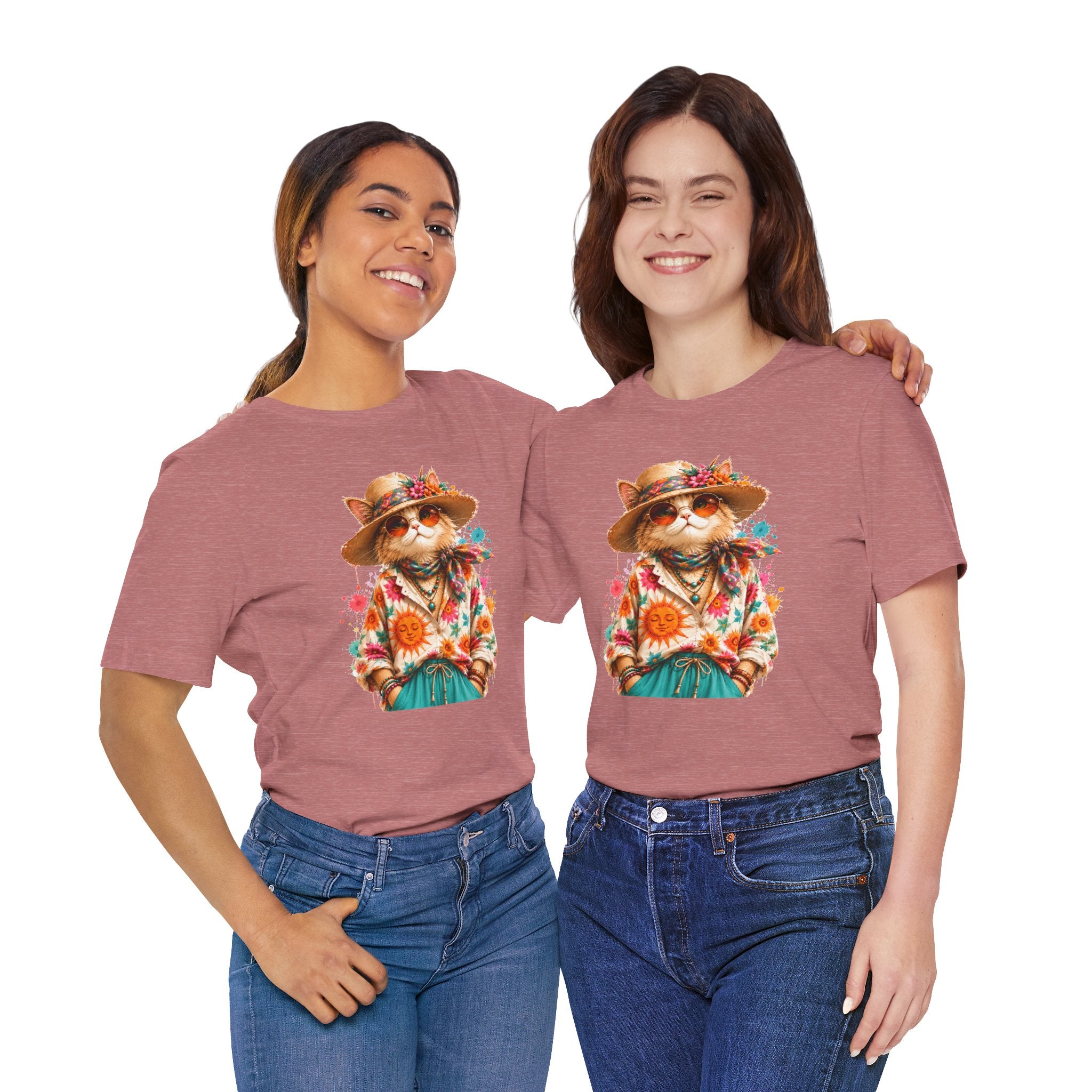 Boho Cat Graphic Tee — Floral Hat & Sunshine Cat T-Shirt