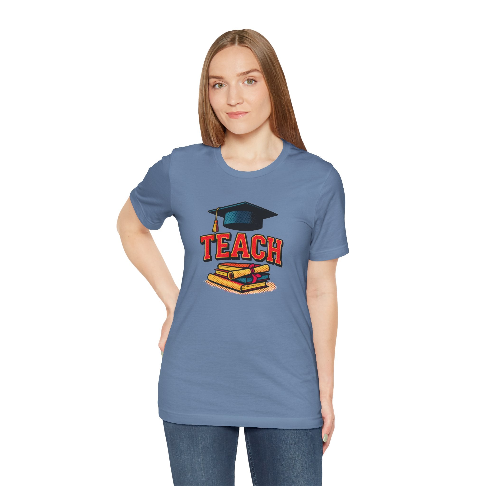 Teach Graduation T‑Shirt — Teacher Gift Tee with Cap & Books Design