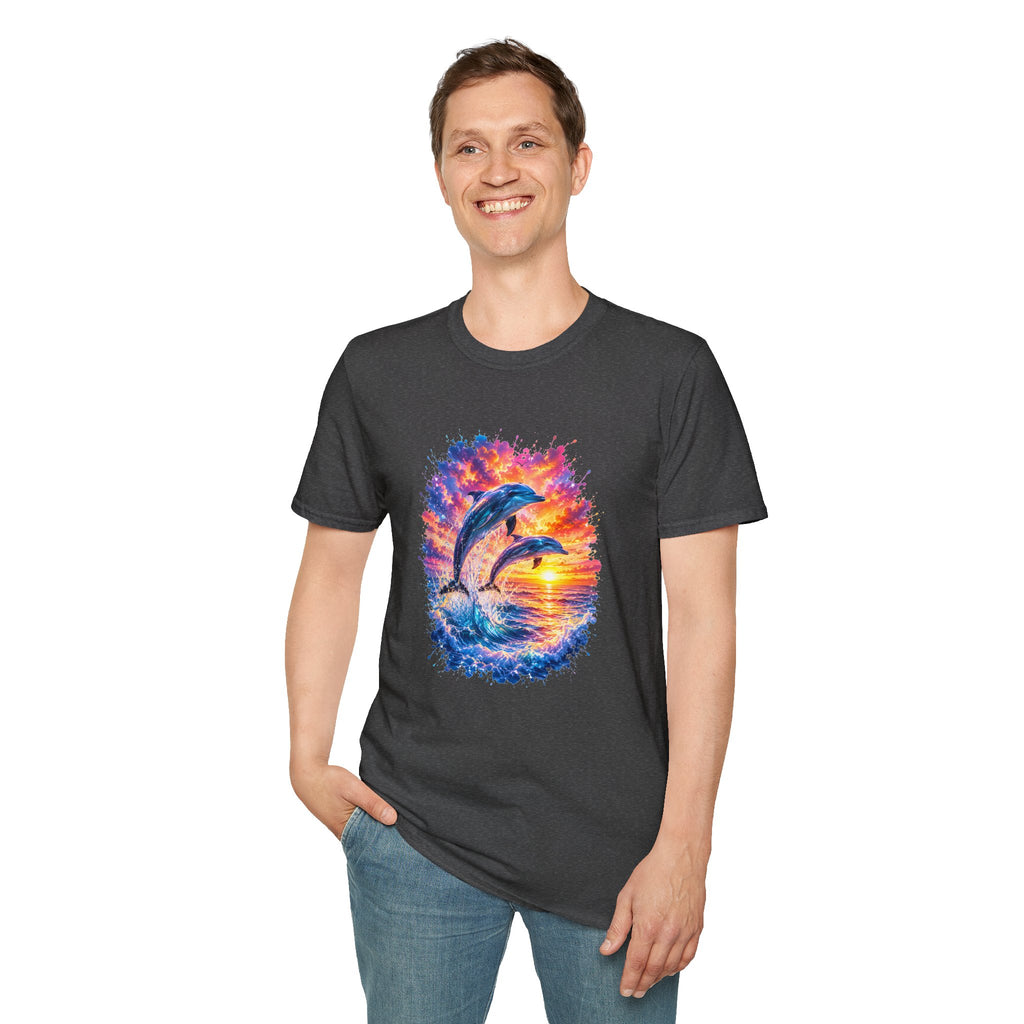 Dolphin Sunset TShirt  Vibrant Ocean Jump Graphic Tee