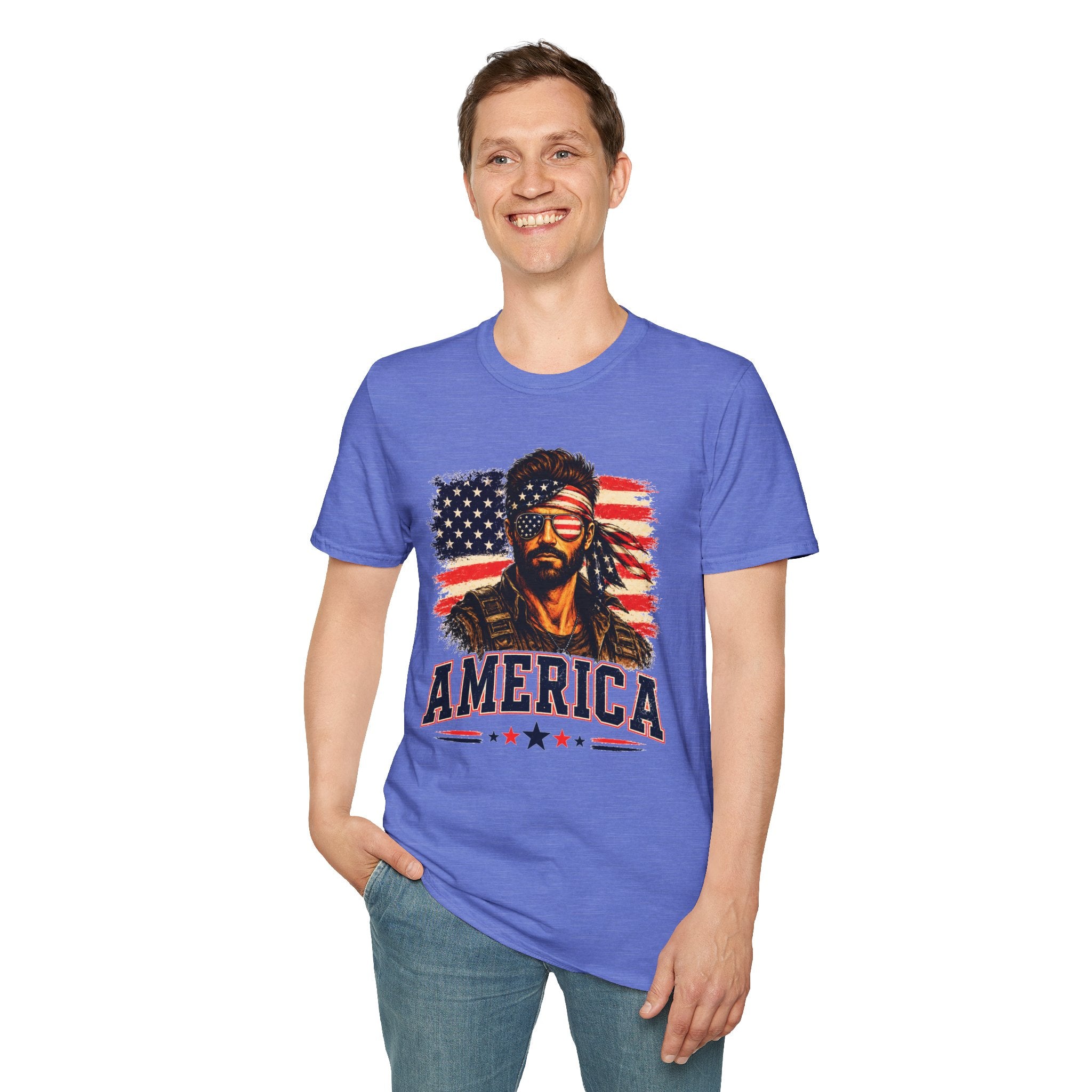 Patriotic Bandana Man T-Shirt — USA Flag Graphic Tee ("America")