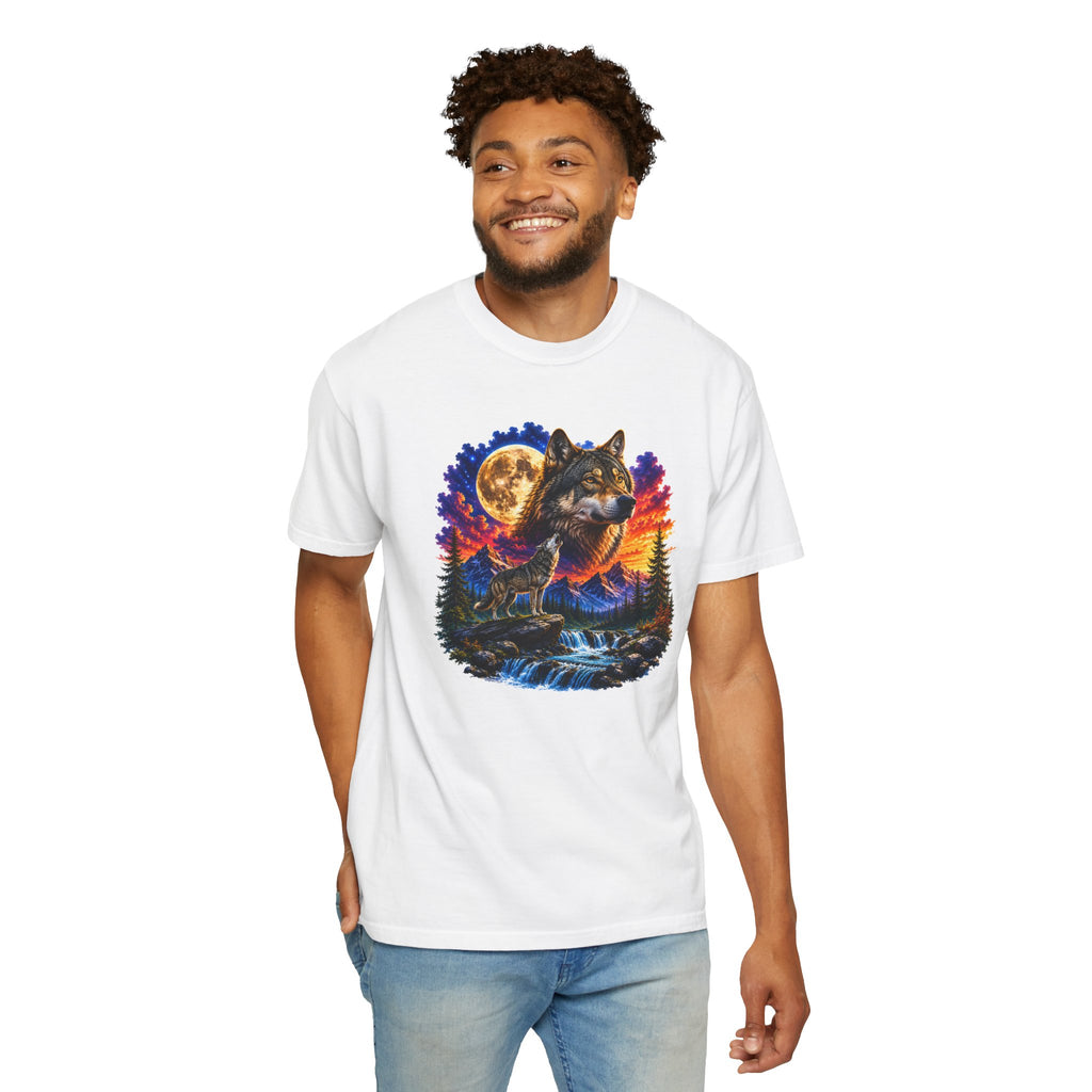 Colorful Wolf Moon T-Shirt, Nature Lover Gift, Howling Wolf Graphic Tee, Mountain Forest Shirt, Wildlife Adventure Tee