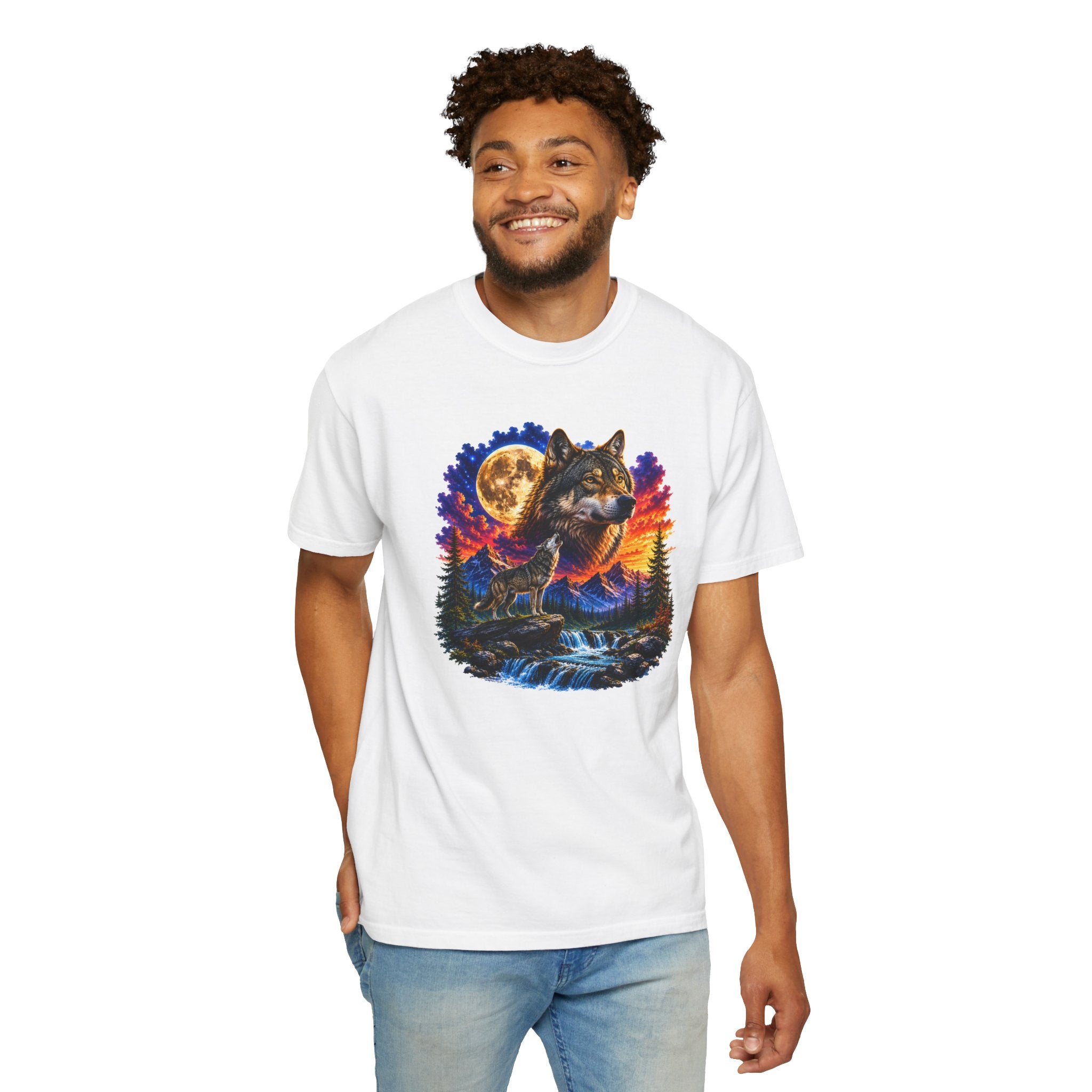 Colorful Wolf Moon T-Shirt, Nature Lover Gift, Howling Wolf Graphic Tee, Mountain Forest Shirt, Wildlife Adventure Tee