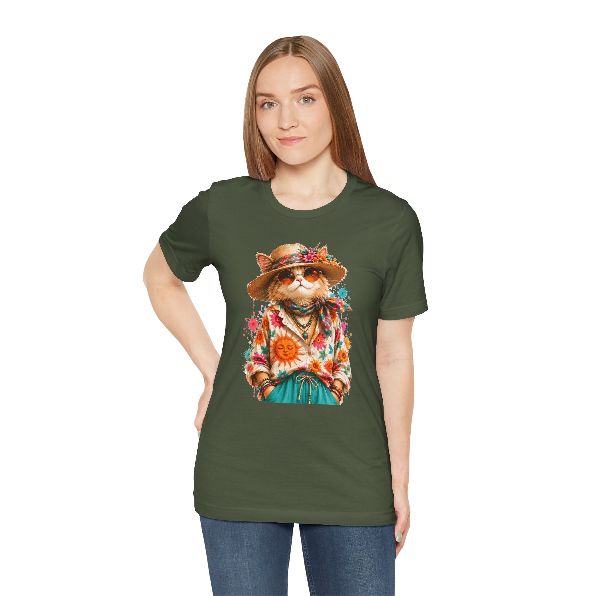 Boho Cat Graphic Tee — Floral Hat & Sunshine Cat T-Shirt