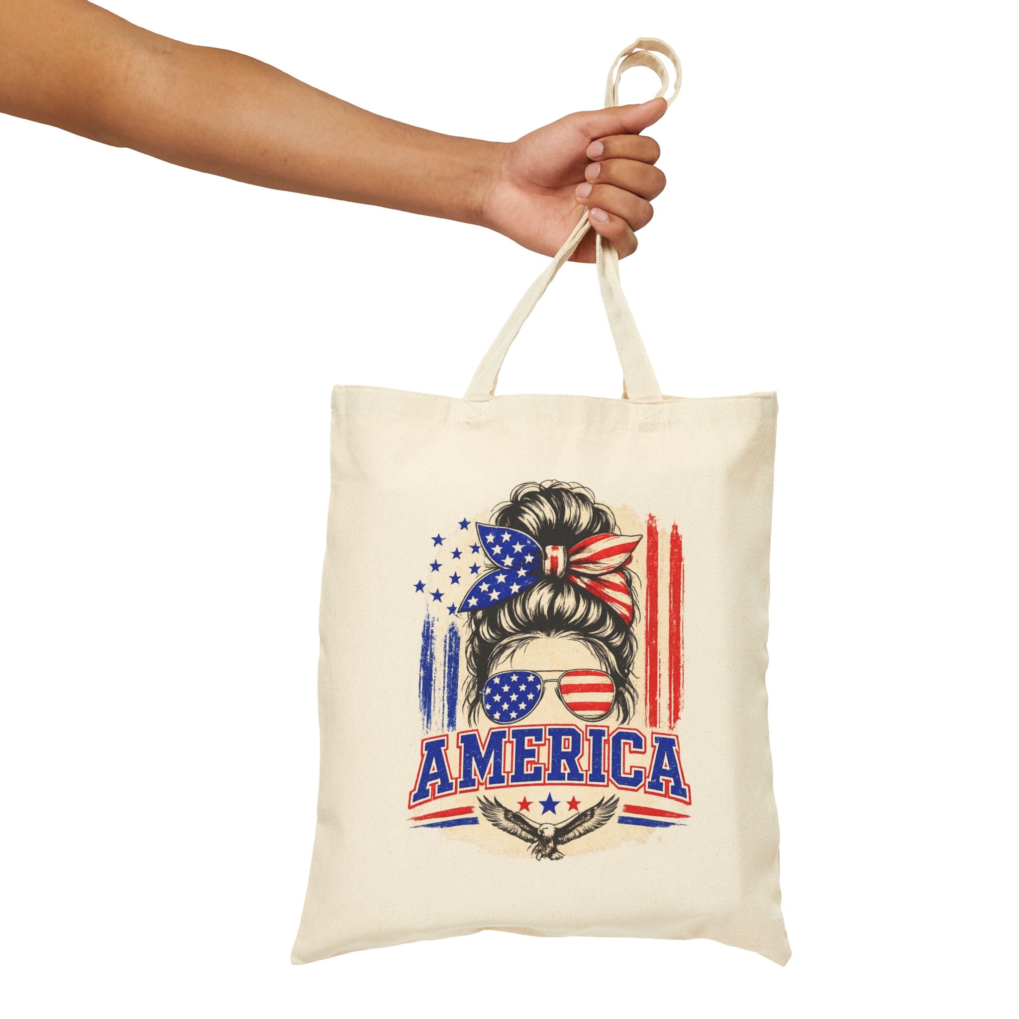 America Flag Hair Messy Bun Tote Bag — Patriotic 4th of July Cotton Canvas Tote