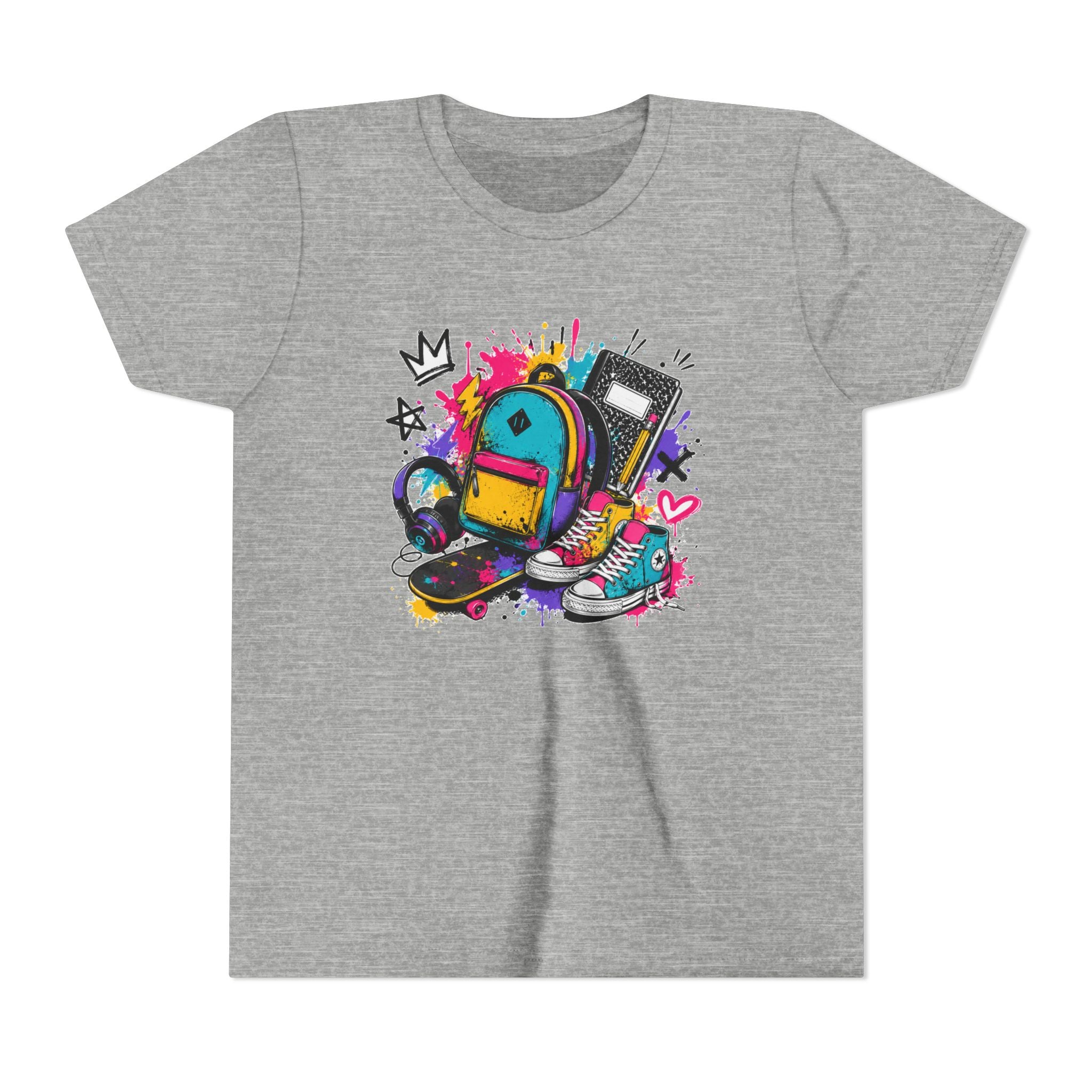 Youth Tee — Colorful Back-to-School Backpack Skateboard Graphic