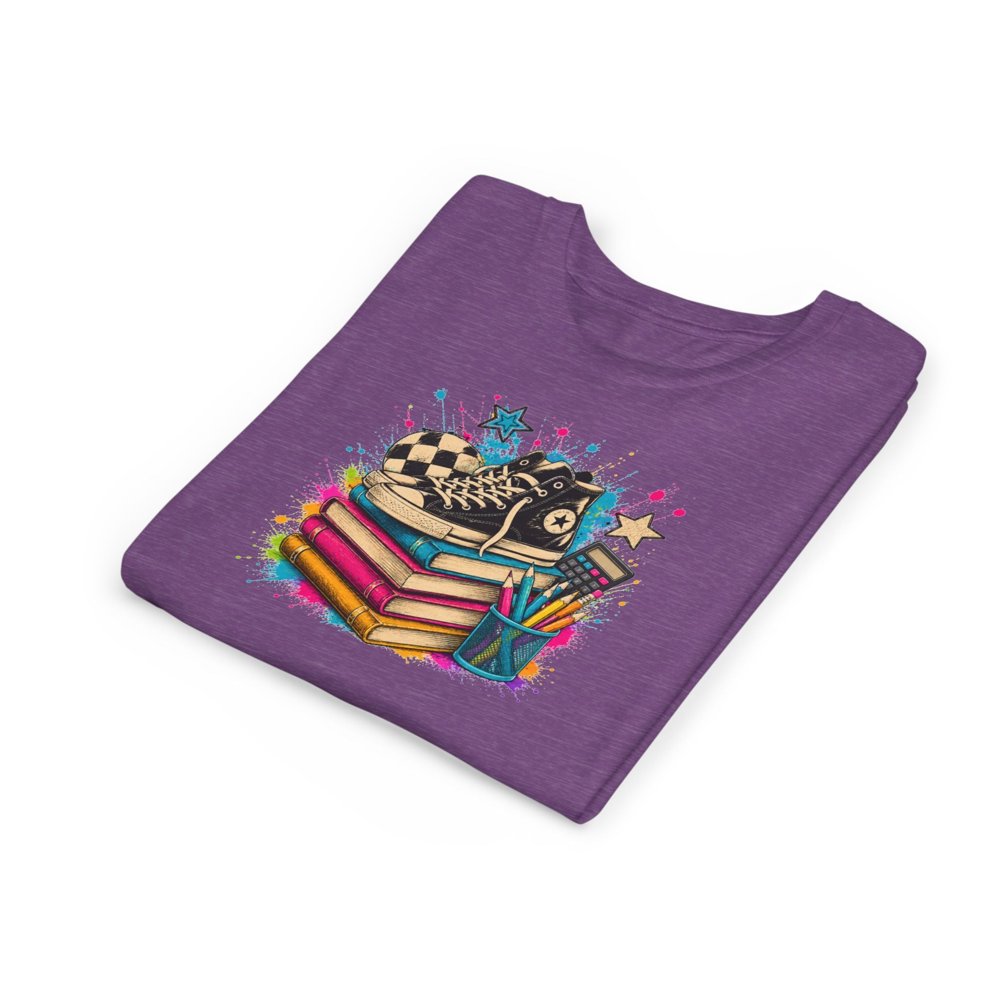 Kids Back-to-School Tee — Colorful Books, Sneakers & Pencils Graphic