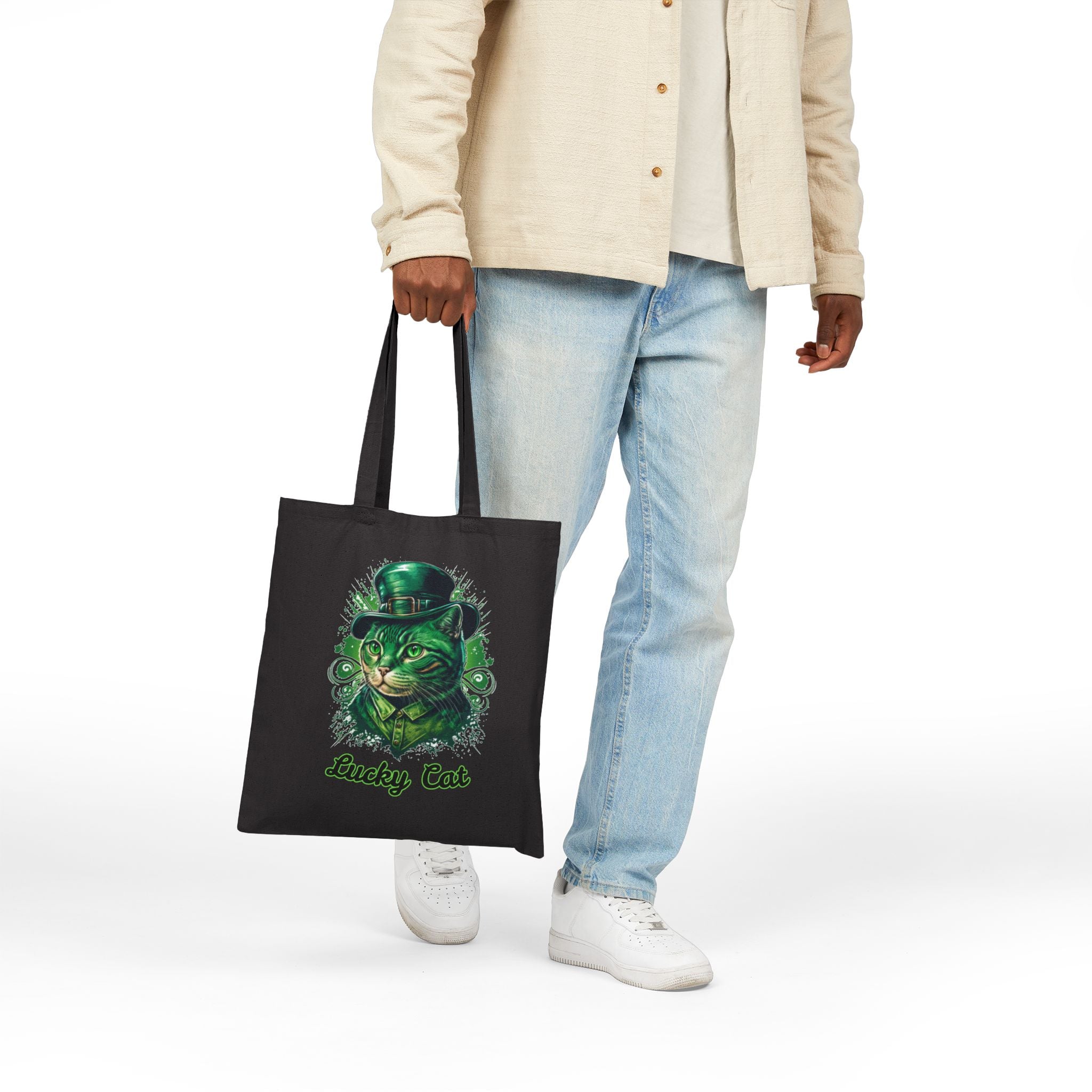 Lucky Cat Tote Bag – St. Patrick’s Day Green Kitty Canvas Tote