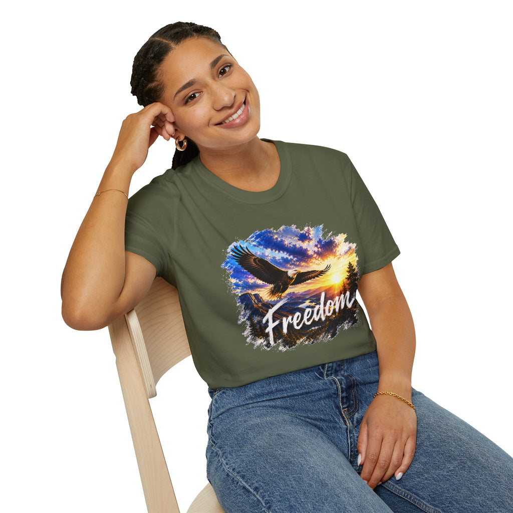 Freedom Eagle T-Shirt, Soaring Eagle Graphic Tee, Sunset Wildlife Shirt, Nature Lover Gift, Unisex Outdoor Tee