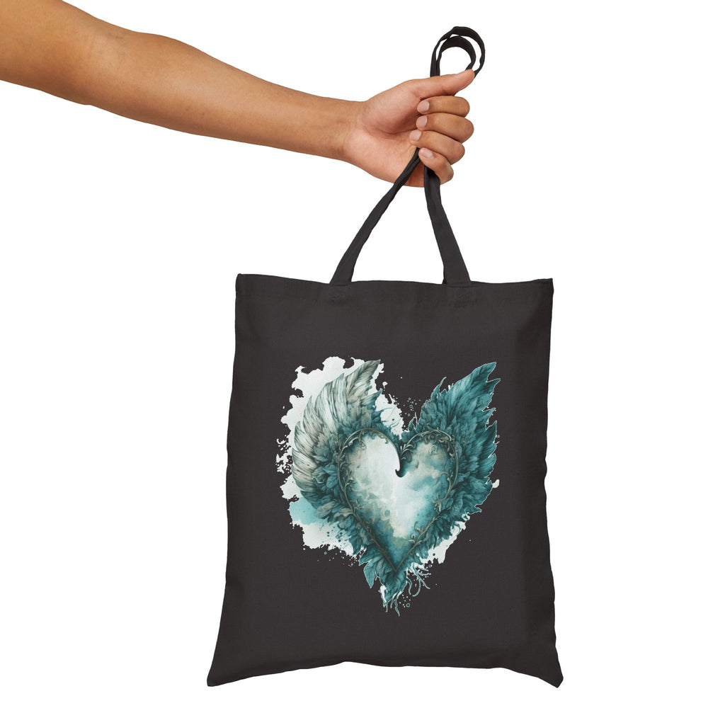 Cute Canvas Tote Bag with Teal Watercolor Angel Wings Heart Design