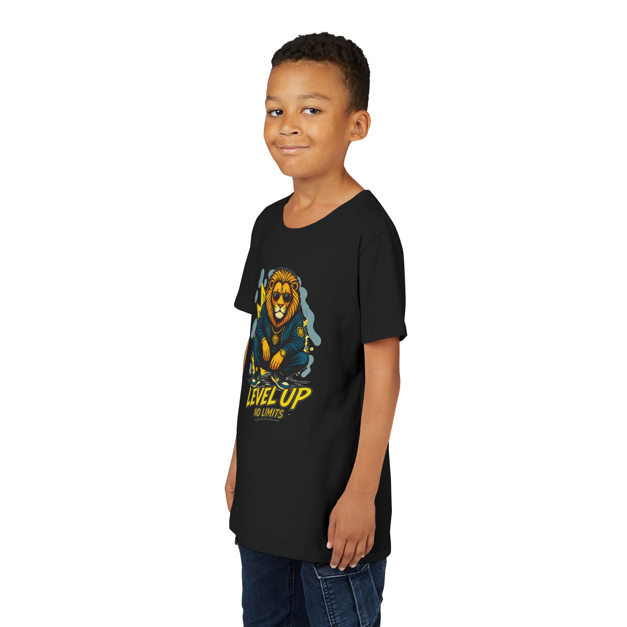 Youth Tee — 'Level Up No Limits' Lion Graphic Shirt