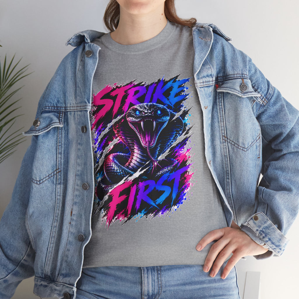 Strike First Cobra T-Shirt | Neon Snake Graphic Tee | Bold Streetwear Shirt | Unisex Graphic Tee