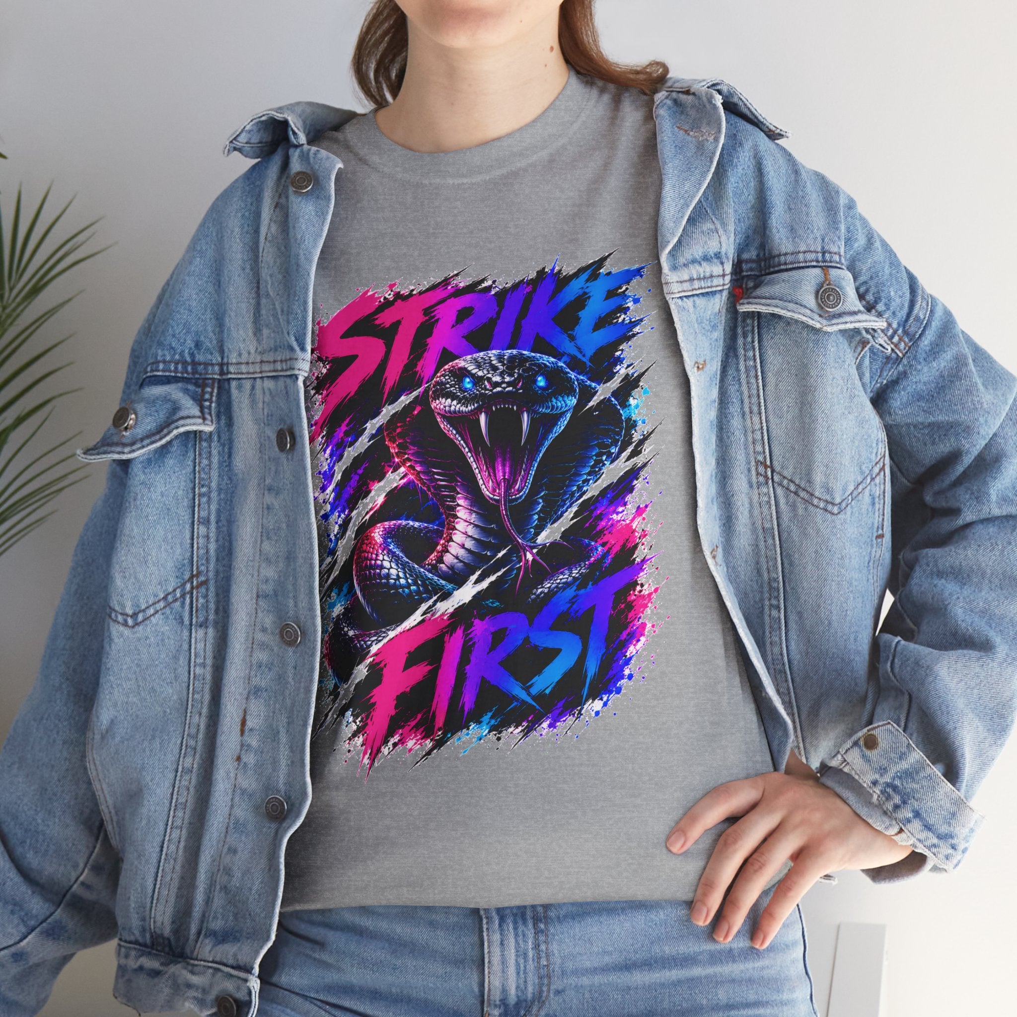 Strike First Cobra T-Shirt | Neon Snake Graphic Tee | Bold Streetwear Shirt | Unisex Graphic Tee