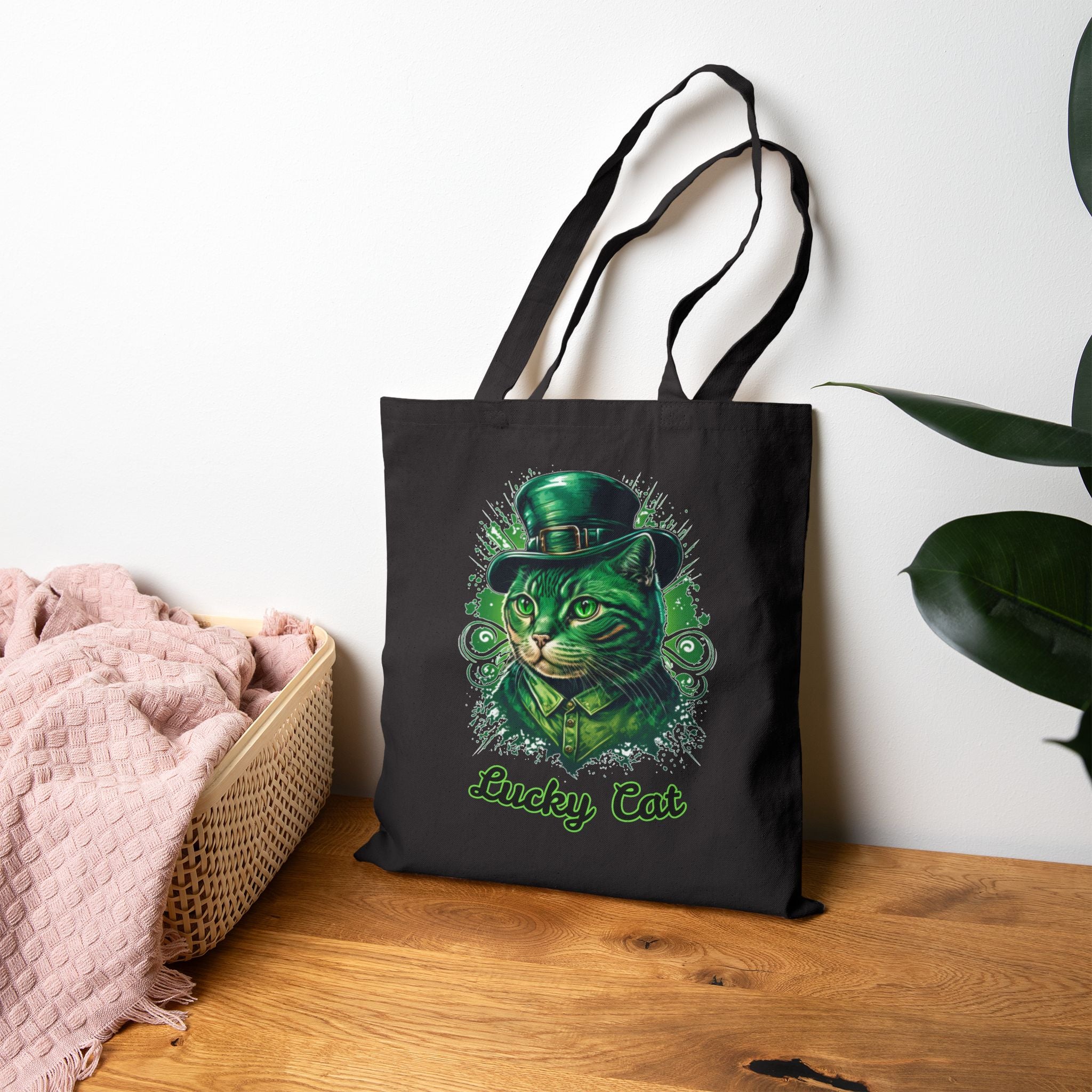 Lucky Cat Tote Bag – St. Patrick’s Day Green Kitty Canvas Tote