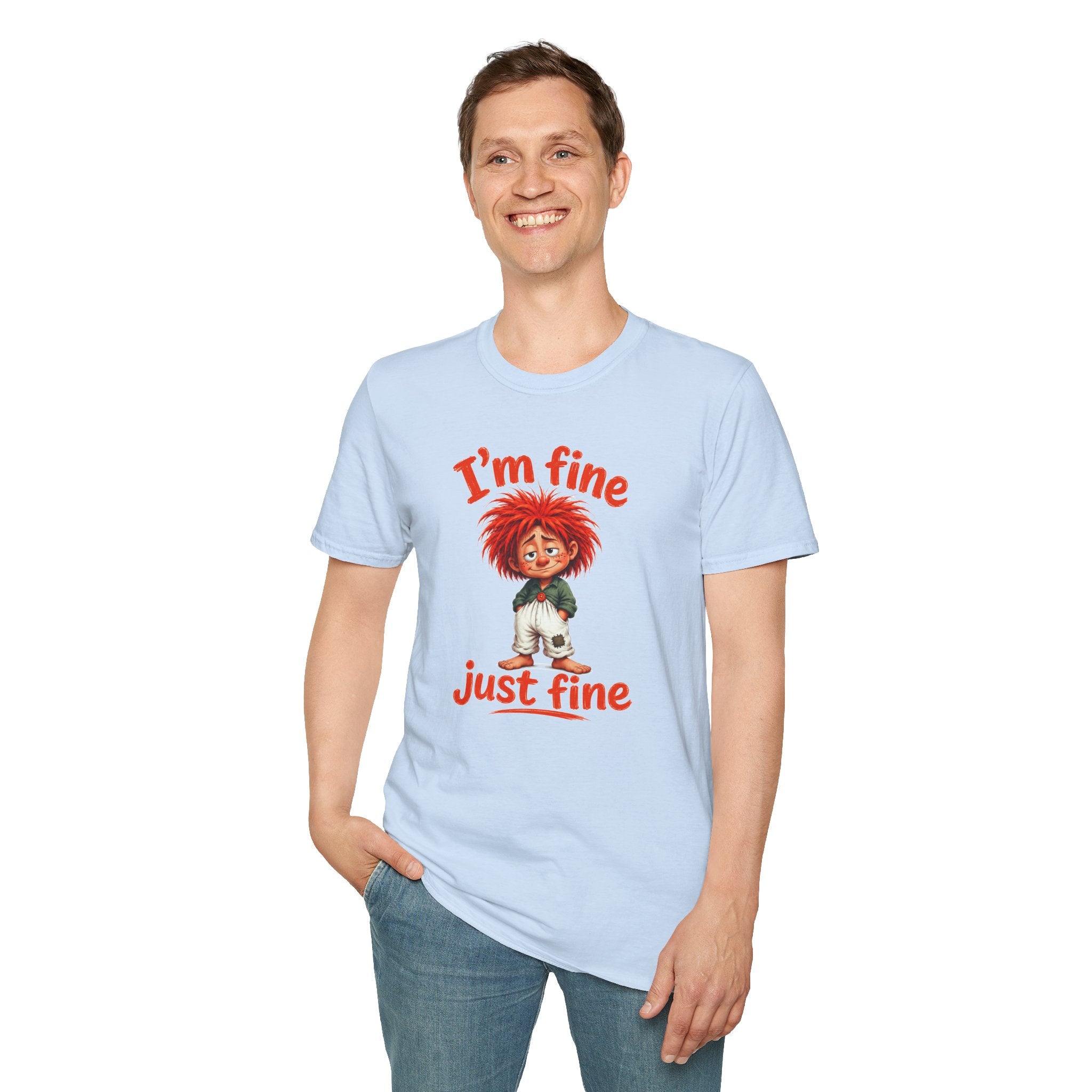 I'm Fine T‑Shirt — Cute Red‑Haired Character Tee ("I'm fine, just fine")