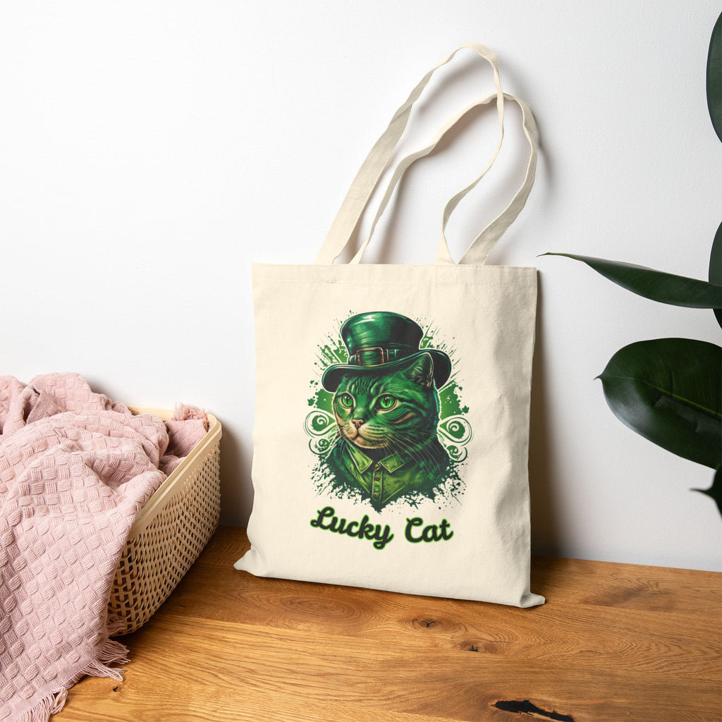Lucky Cat Tote Bag – St. Patrick’s Day Green Kitty Canvas Tote