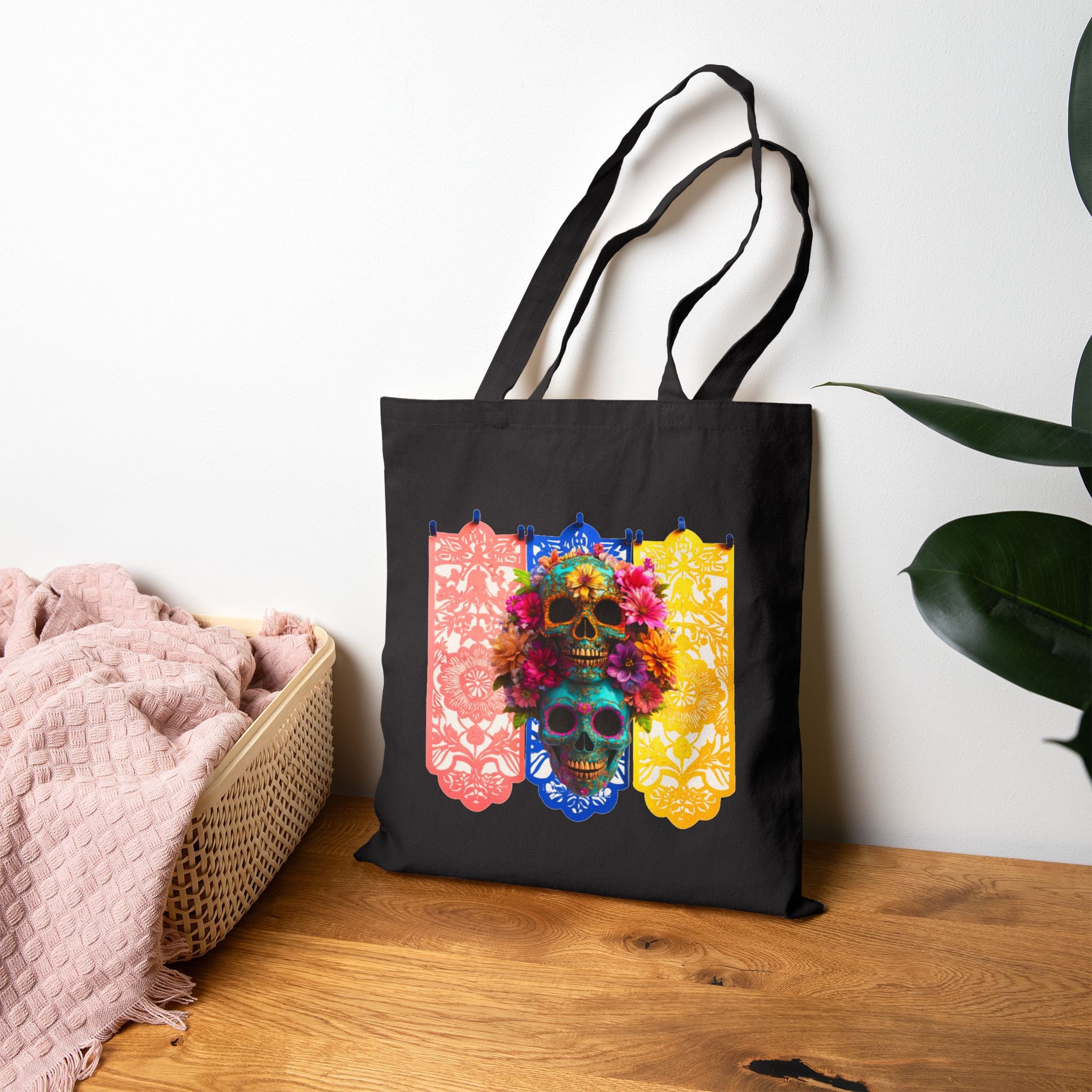 Day of the Dead Floral Skull Tote Bag, Sugar Skull Bag, Dia de los Muertos Tote