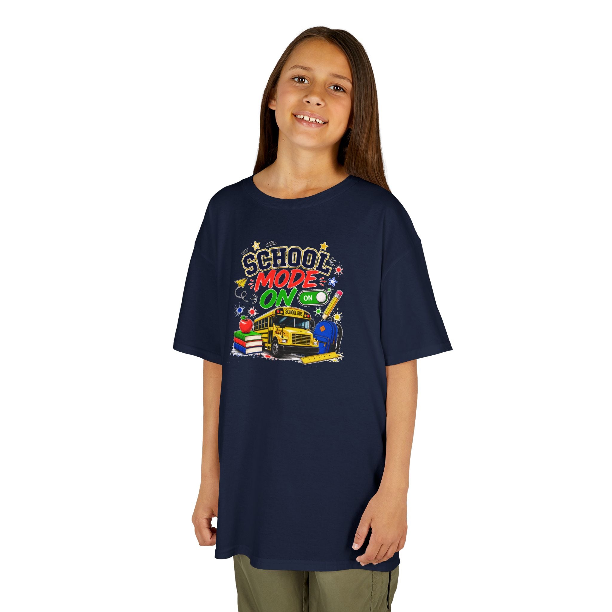 School Mode On Kids T‑Shirt — Back-to-School Graphic Tee with Bus, Books & Apple