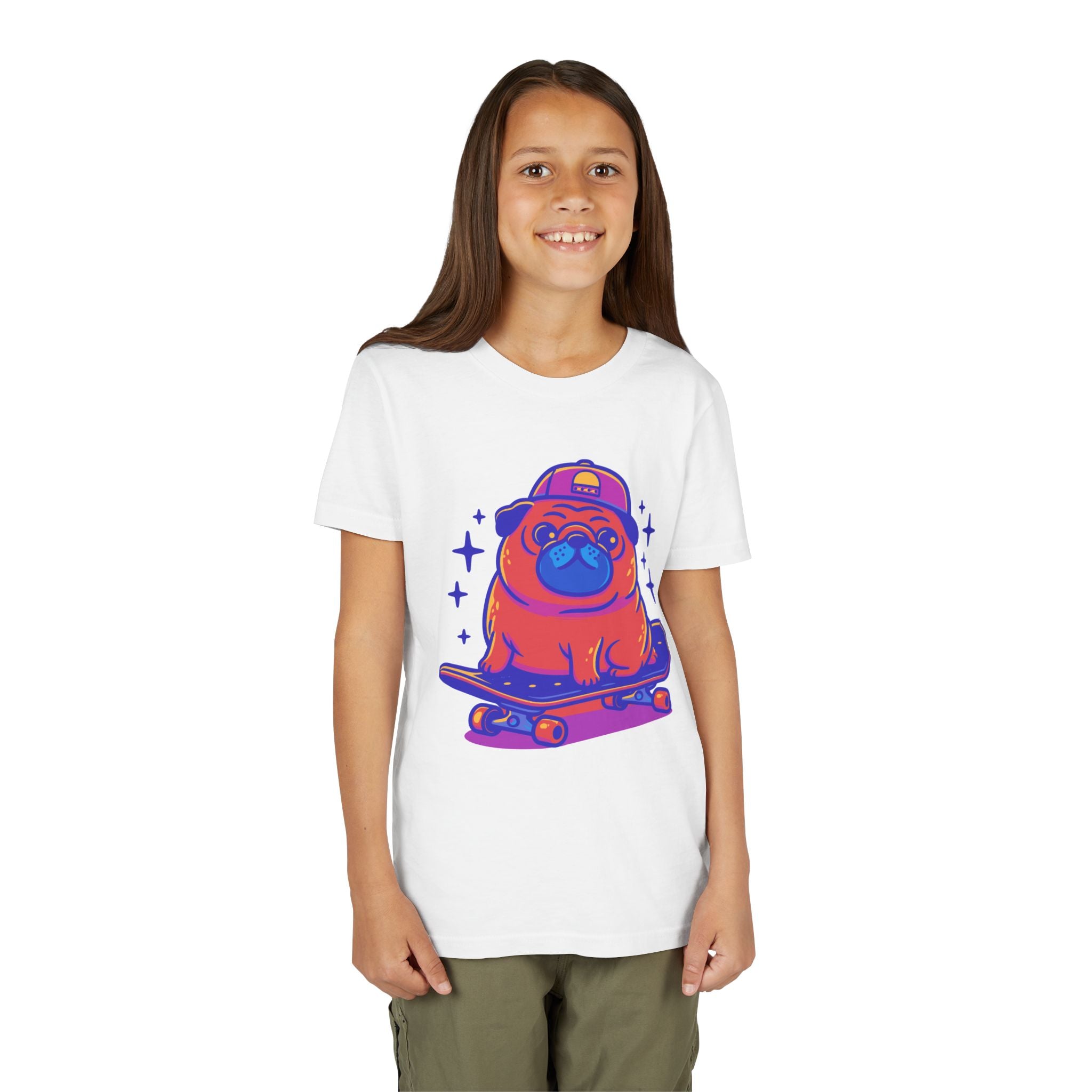 Cute Skateboarding Pug Kids T-Shirt | Funny Dog Graphic Tee for Boys & Girls | Youth Streetwear Shirt
