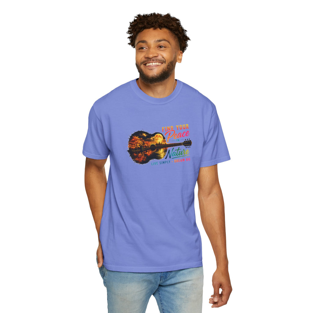Acoustic Guitar Nature T-Shirt, Find Your Peace in Nature Tee, Music Lover Gift, Camping Shirt, Outdoor Graphic Tee, Hiking Shirt