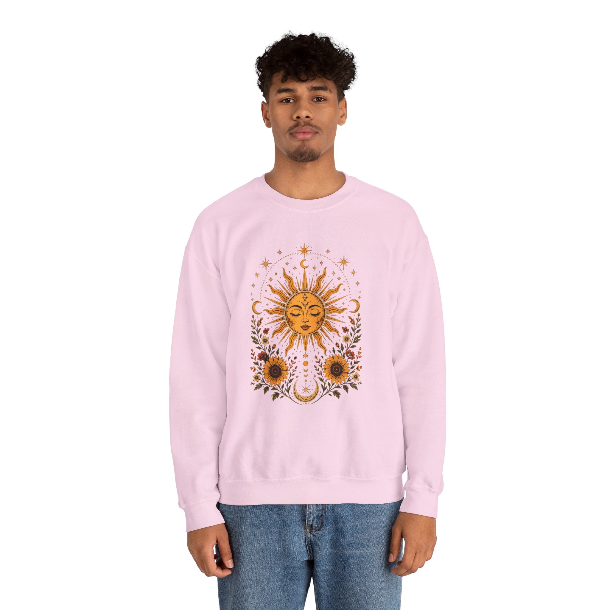 Sun & Sunflower Crewneck Sweatshirt, Boho Celestial Sweatshirt, Vintage Sun Graphic, Cozy Unisex Pullover, Gift for Her