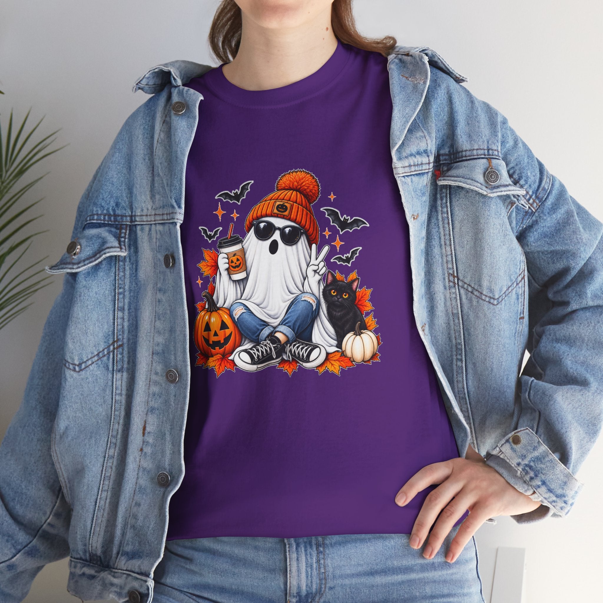Halloween Ghost T-Shirt, Cute Spooky Pumpkin Cat Tee, Cozy Fall Coffee Graphic Shirt, Halloween Gift for Her