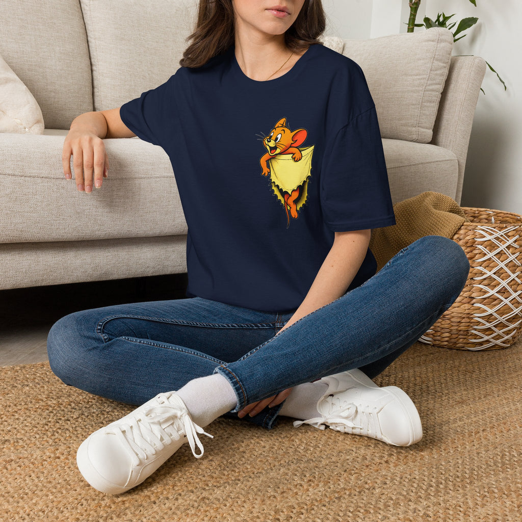 Jerry Pocket Tee — Cute Cartoon Mouse Peeking From Cheese T-Shirt