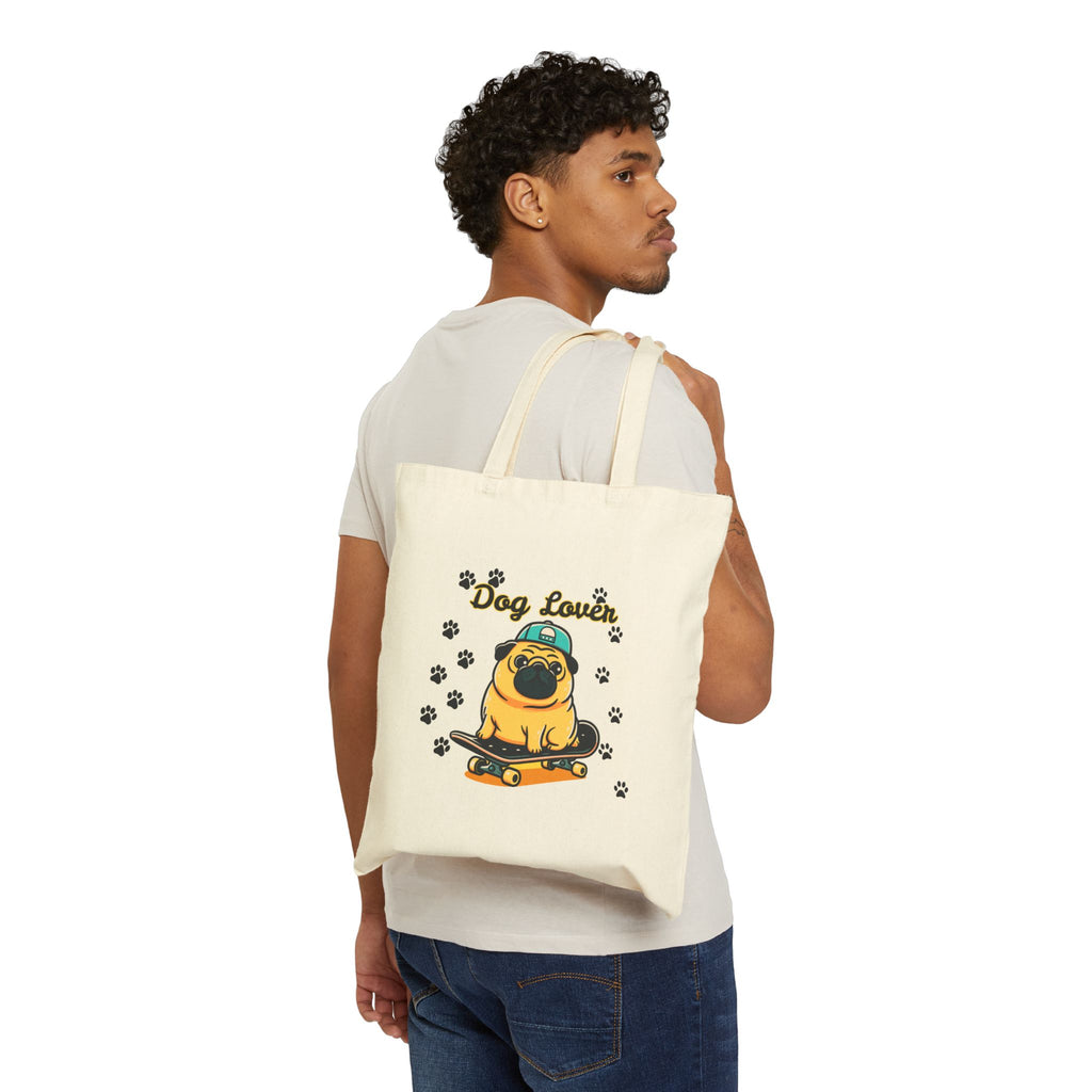 Dog Lover Tote Bag — Cute Pug on Skateboard Canvas Tote