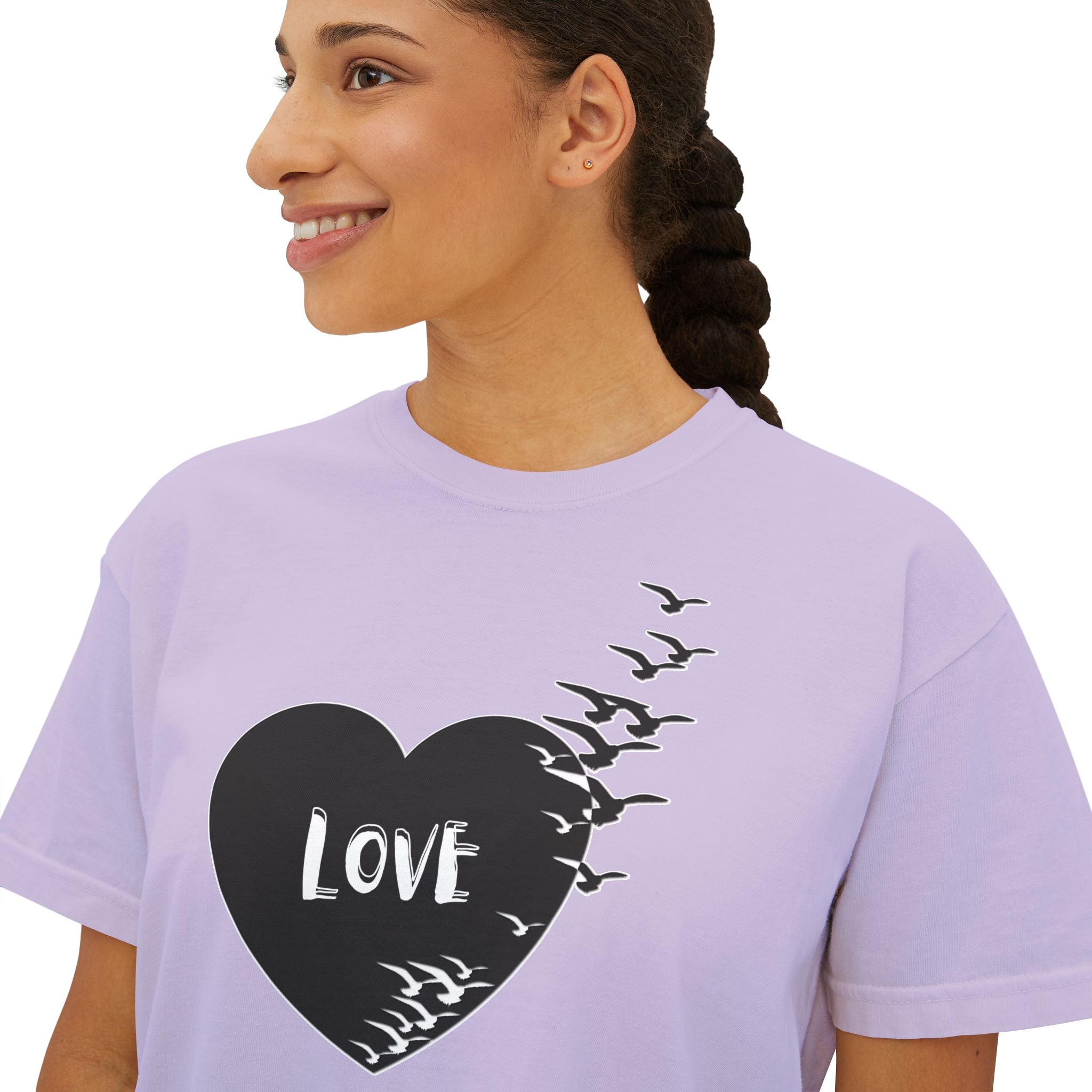 Love Bird Heart Boxy Tee — Women's Casual Graphic Shirt