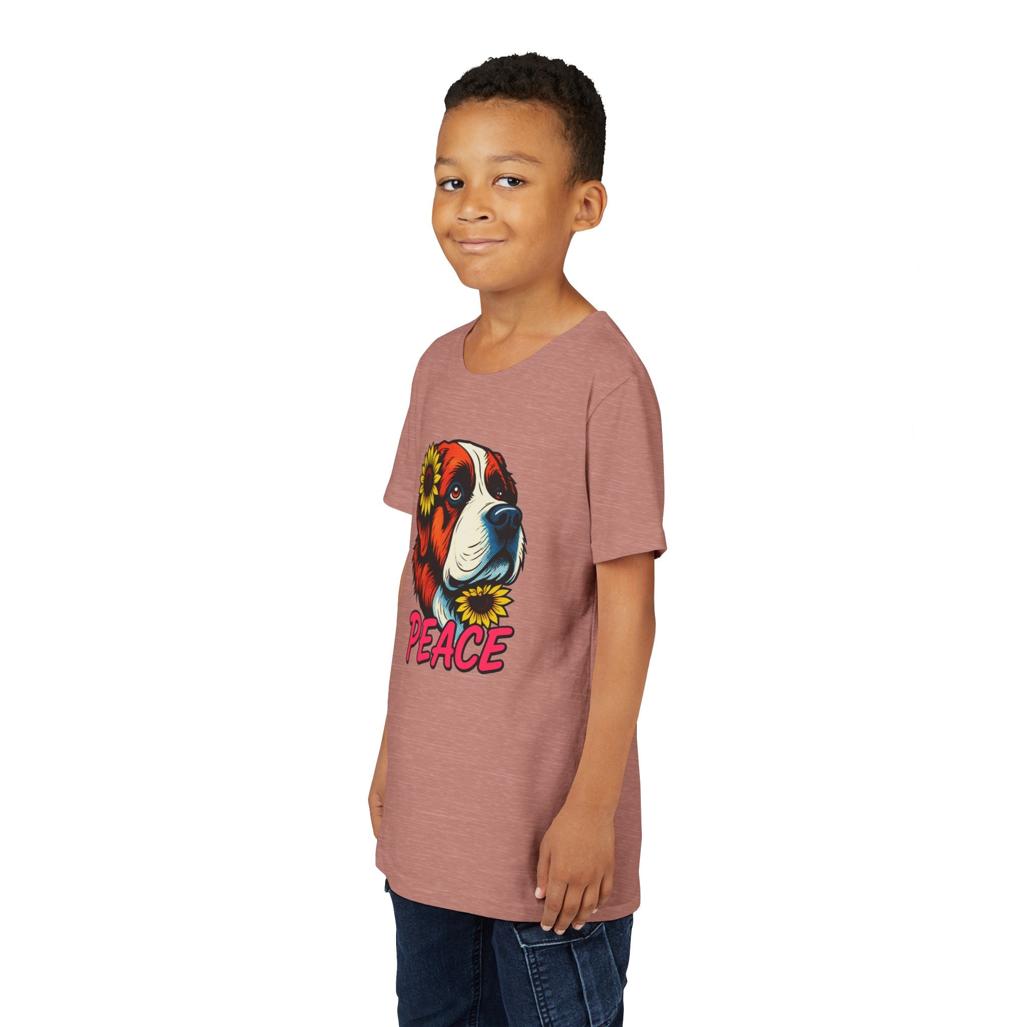 Youth Tee — Saint Bernard Dog with Sunflowers "Peace" Graphic