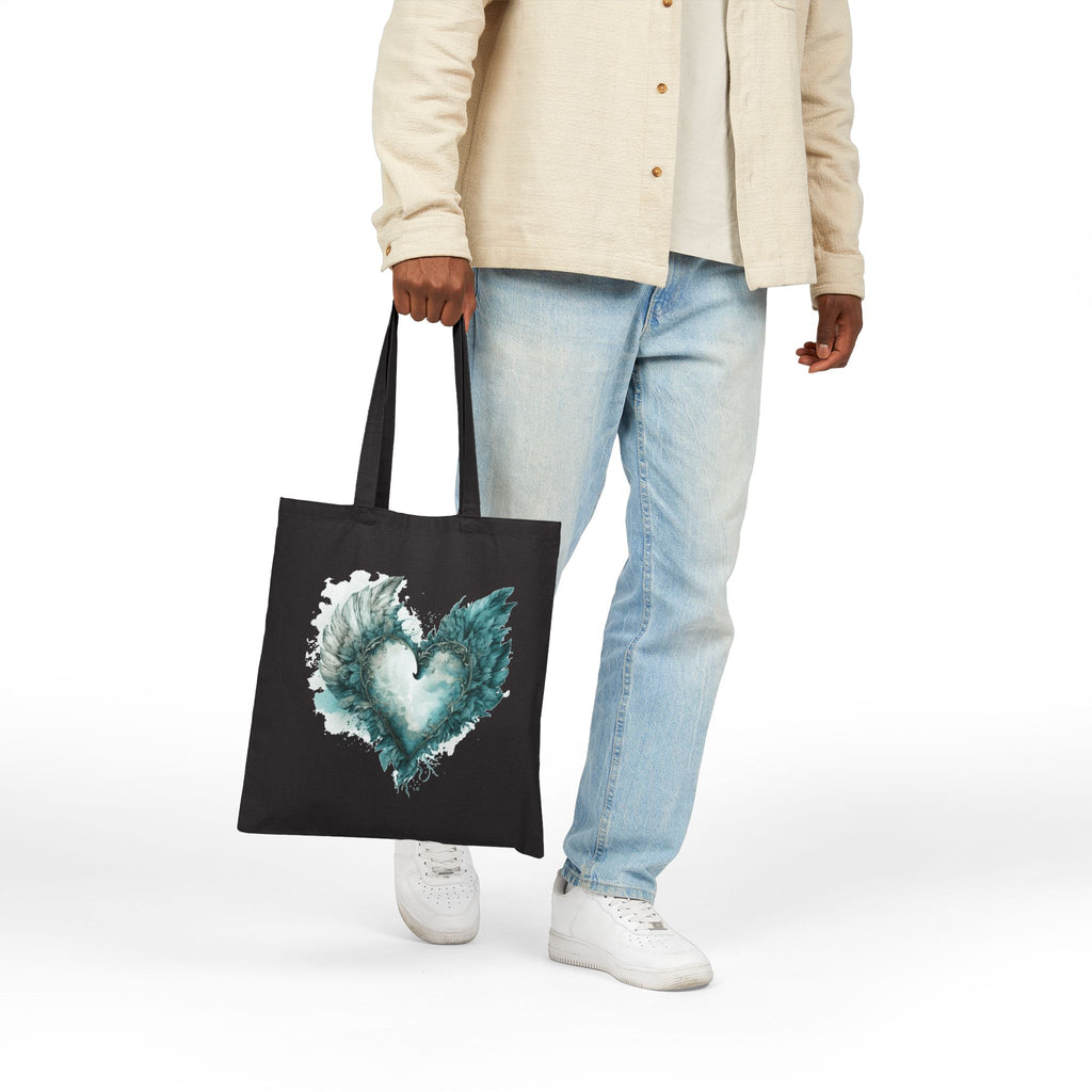 Cute Canvas Tote Bag with Teal Watercolor Angel Wings Heart Design
