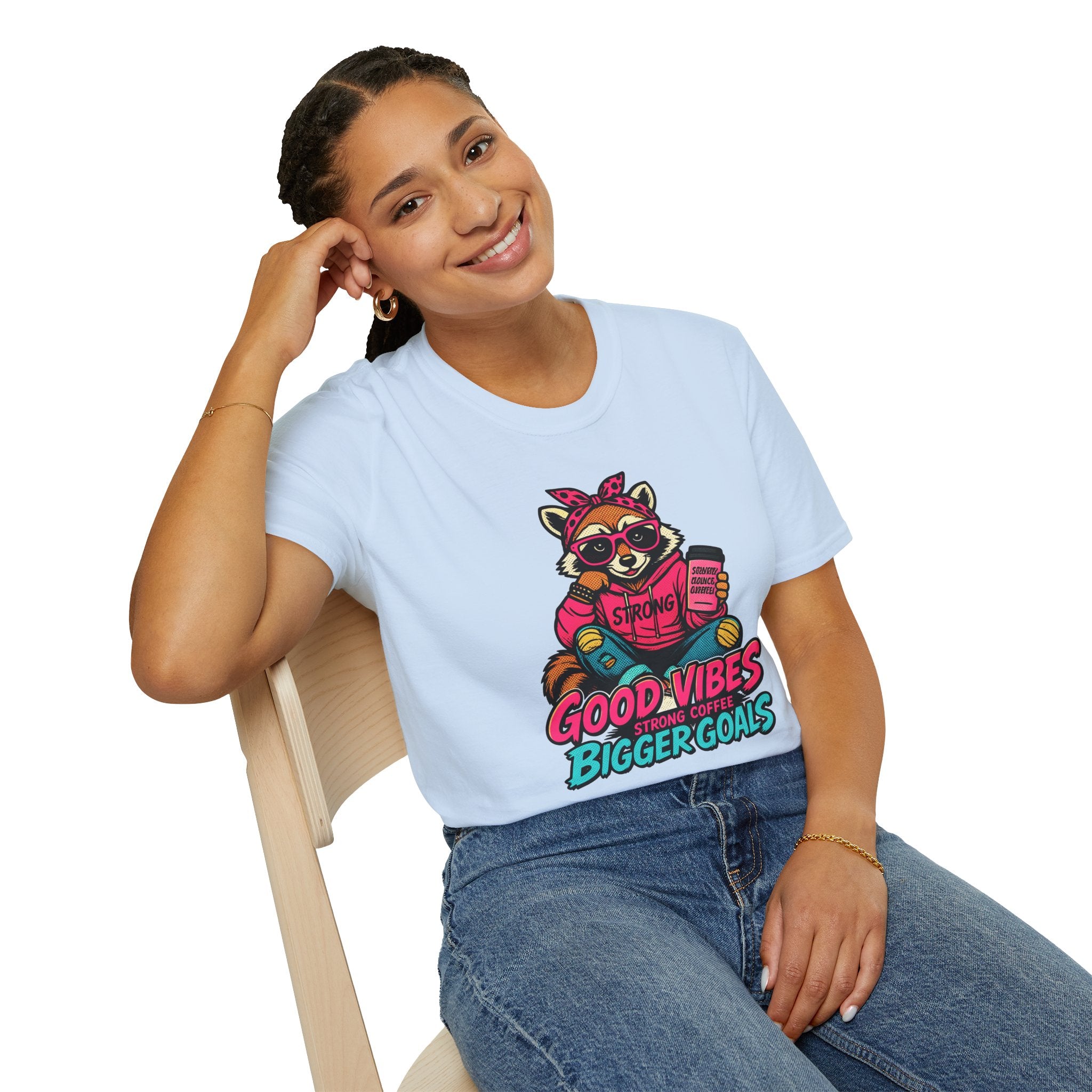 Good Vibes Bigger Goals T-Shirt — Raccoon Coffee Motivation Tee