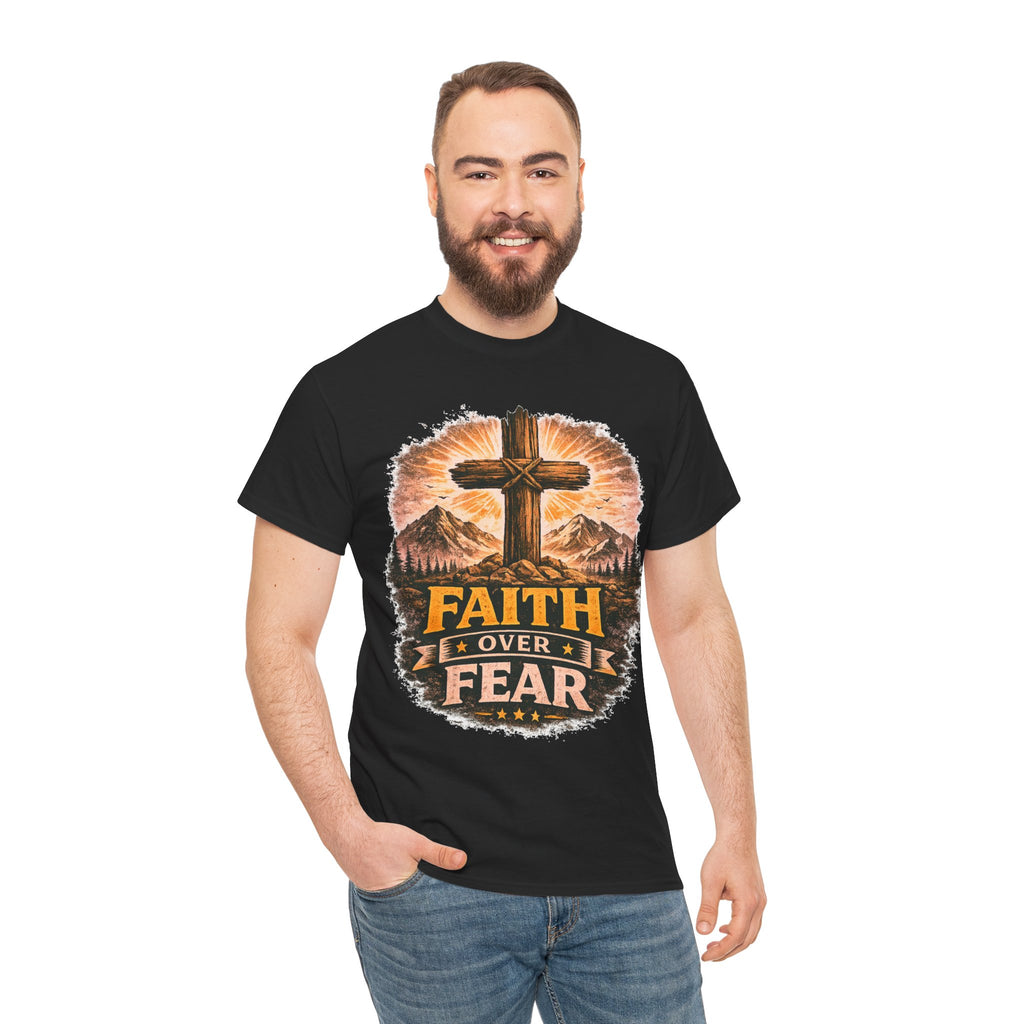 Faith Over Fear T-Shirt | Christian Cross Shirt | Religious Graphic Tee | Bible Verse Gift | Men's Faith Shirt