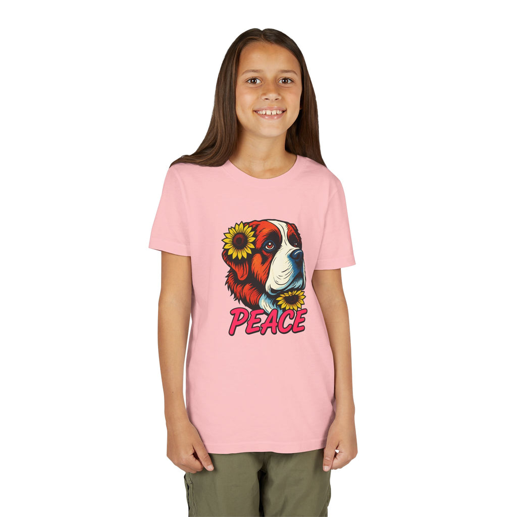 Youth Tee — Saint Bernard Dog with Sunflowers "Peace" Graphic