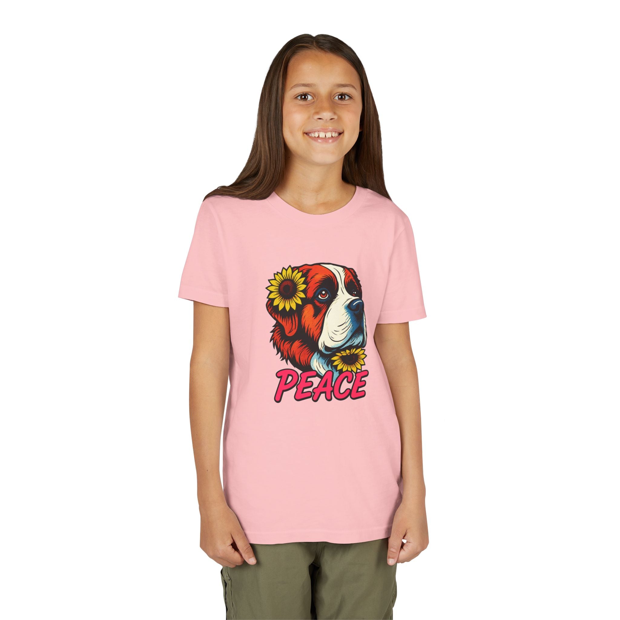 Youth Tee — Saint Bernard Dog with Sunflowers "Peace" Graphic