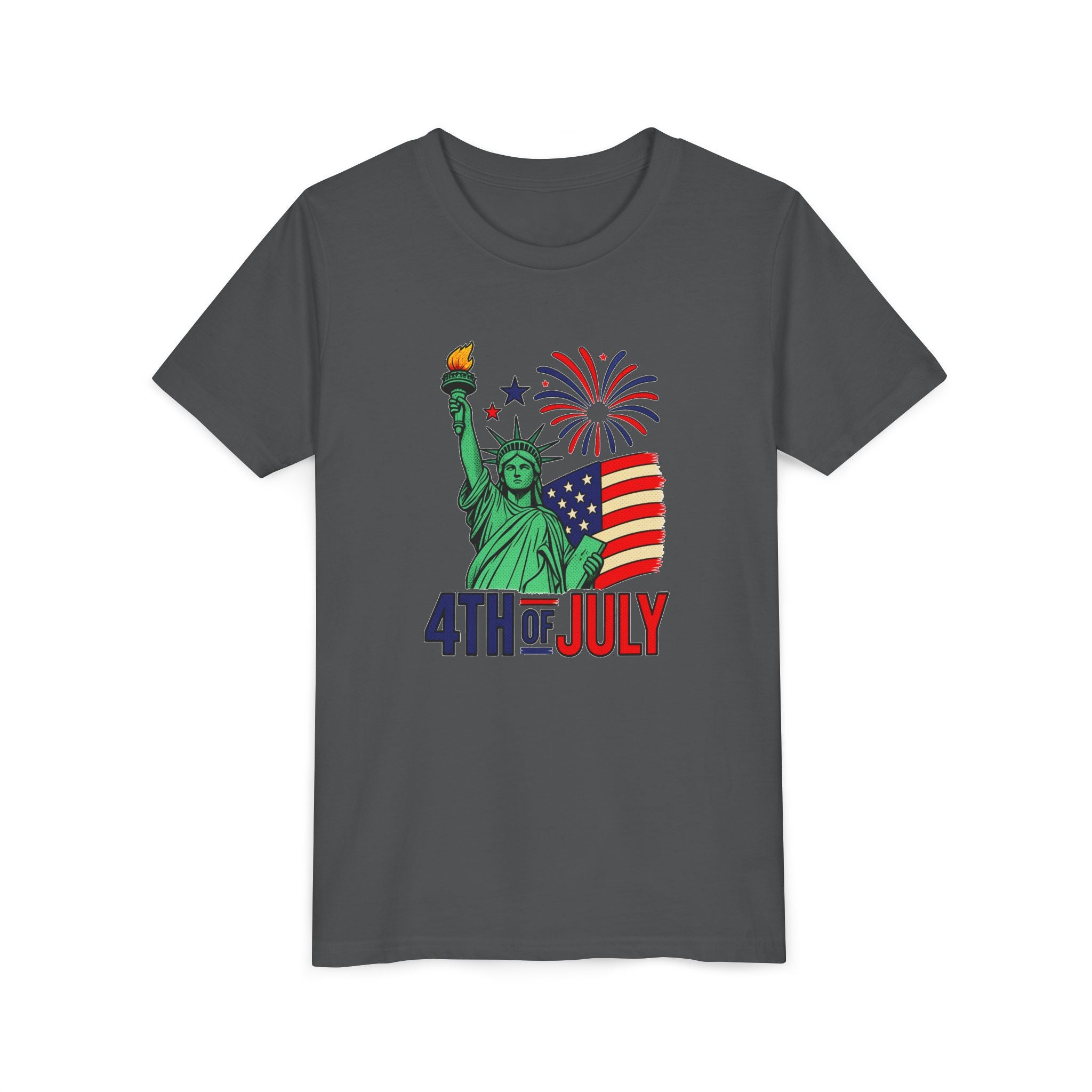 Kids 4th of July T-Shirt – Statue of Liberty, Flag & Fireworks Youth Tee