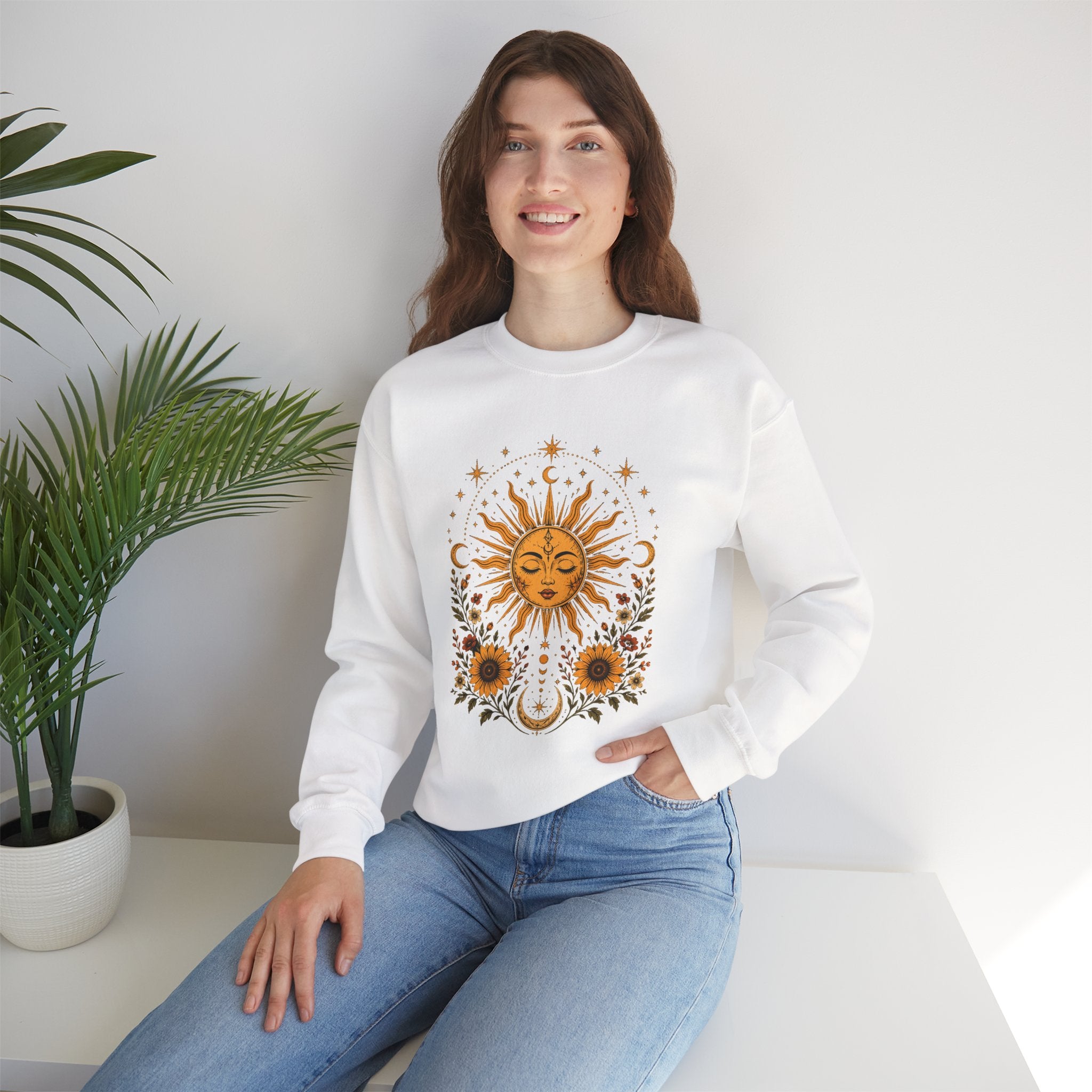 Sun & Sunflower Crewneck Sweatshirt, Boho Celestial Sweatshirt, Vintage Sun Graphic, Cozy Unisex Pullover, Gift for Her