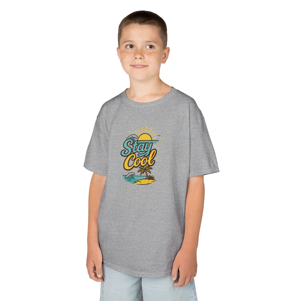 Kids "Stay Cool" Beach Graphic Tee — Tropical Sun & Palm Vacation Shirt
